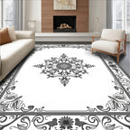 Ornate Gray Floral Mandala Frame Rug