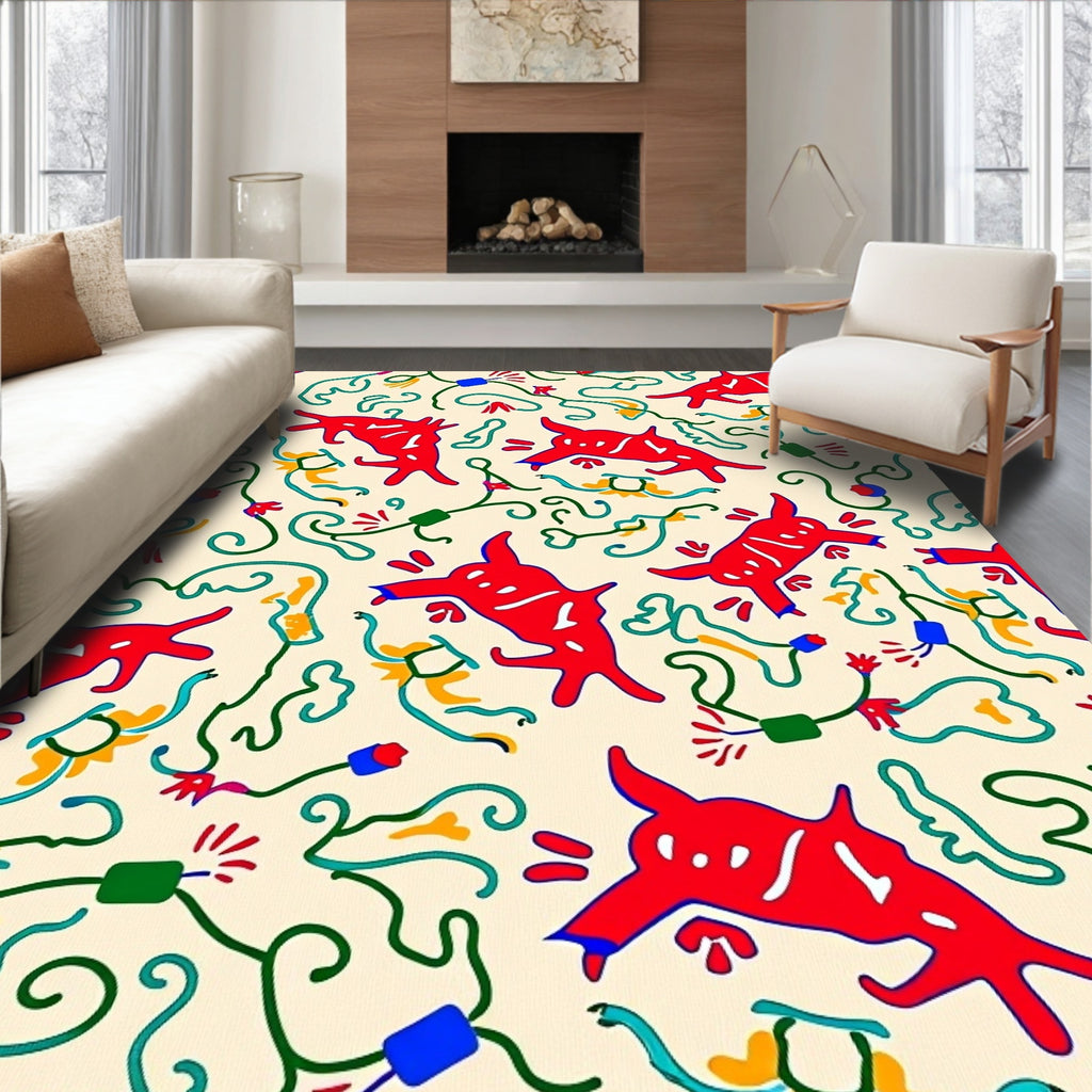 Red Animal Vine Whimsical Swirl Rug