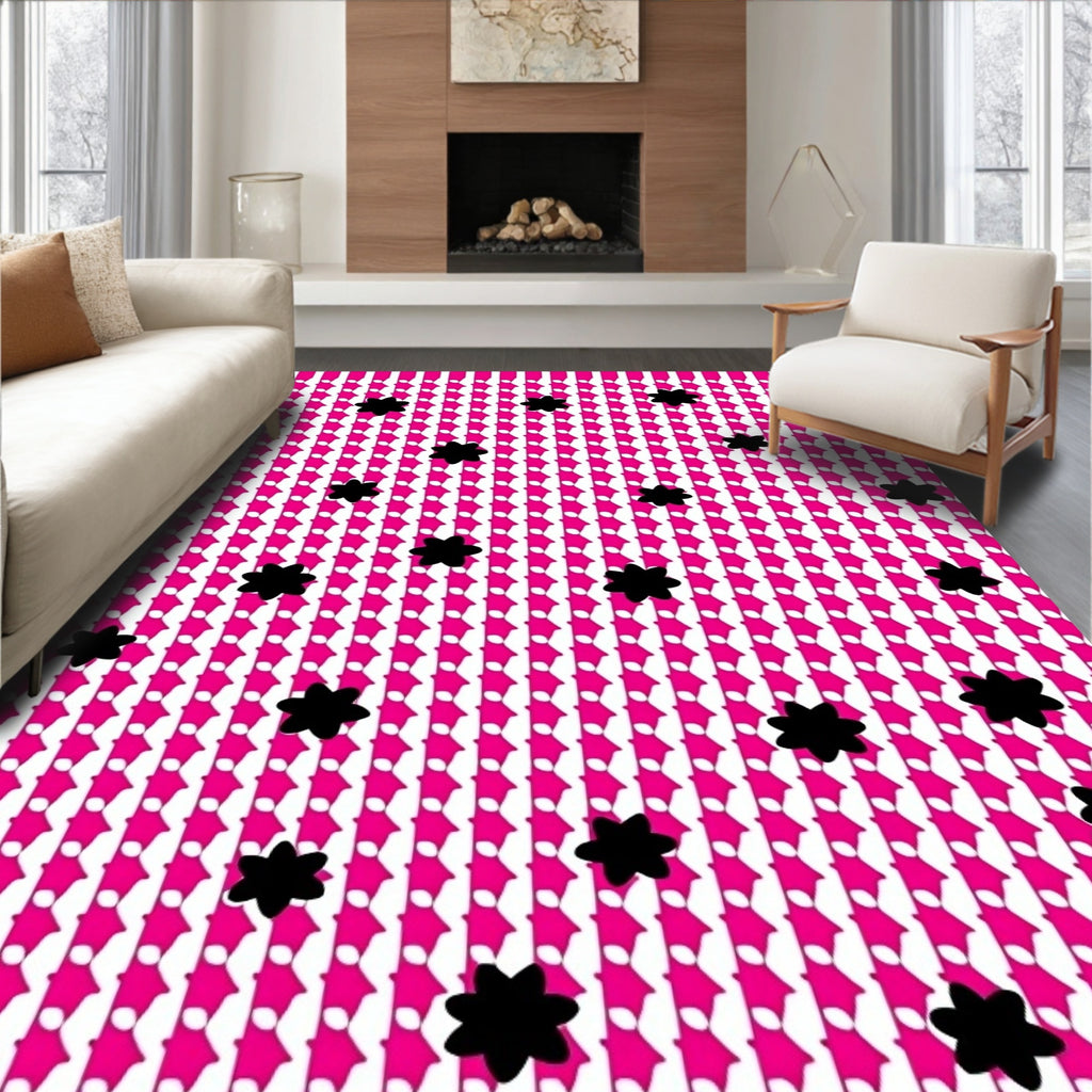 Pink White Stripes Black Flower Accents Rug