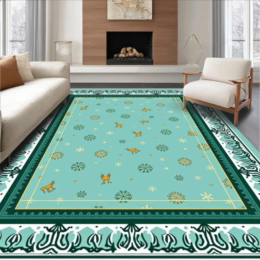 Turquoise Teal Deer Snowflake Border Rug