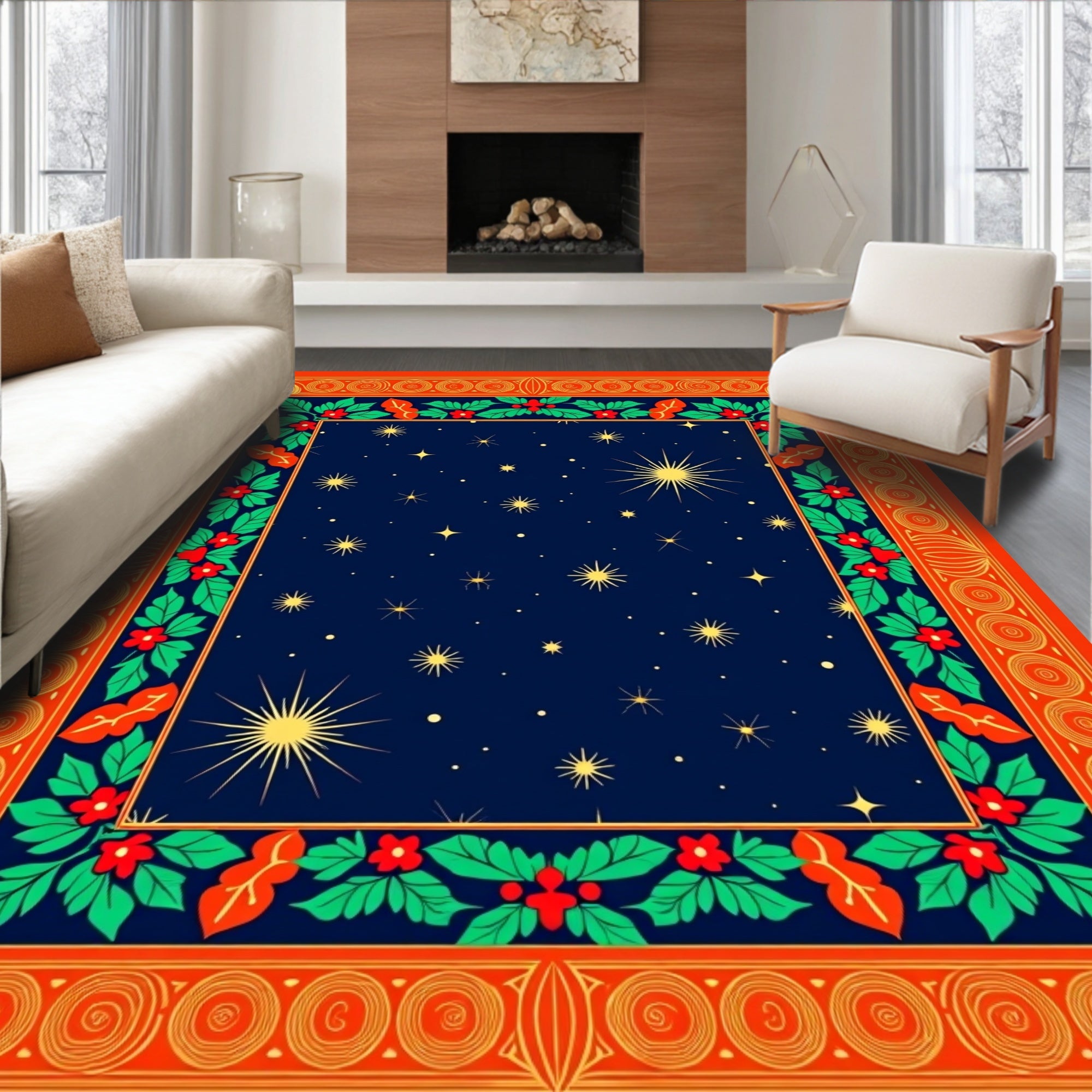 Ornate Red Gold Holly Starry Night Rug