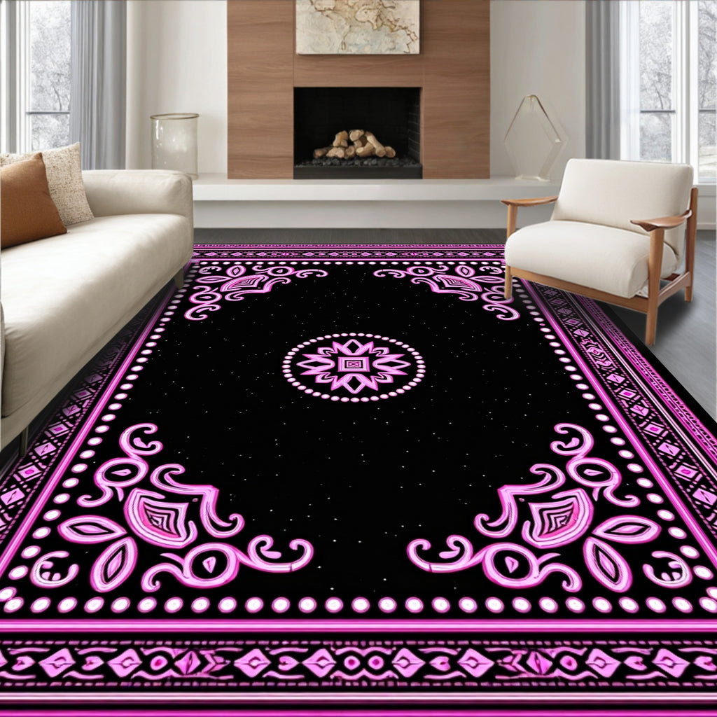 Pink Abstract Floral Black Center Rug