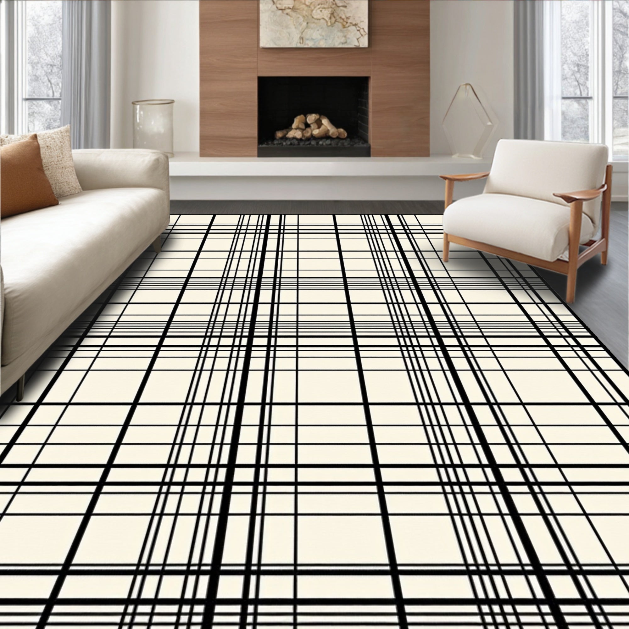 Classic Ivory Black Plaid Lines Rug