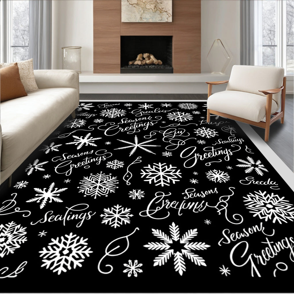 White Snowflakes Greetings Calligraphy Rug