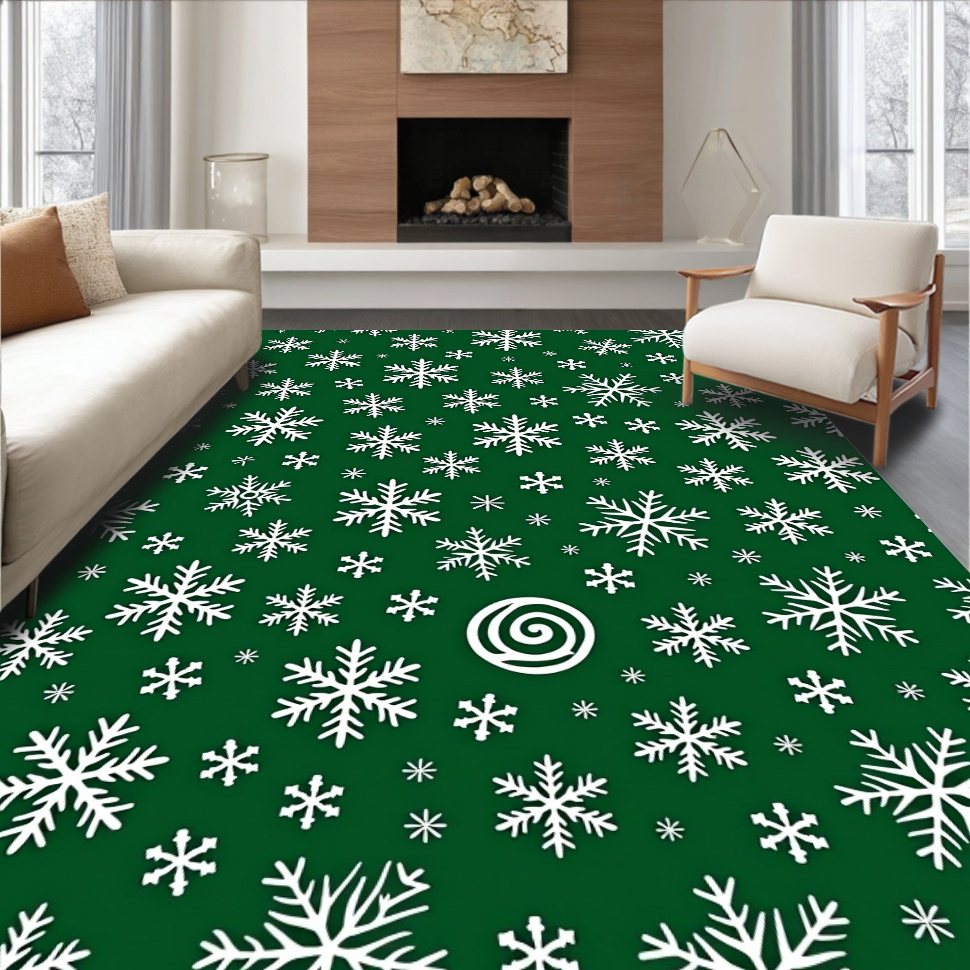 Winter White Snowflake Medley Green Rug