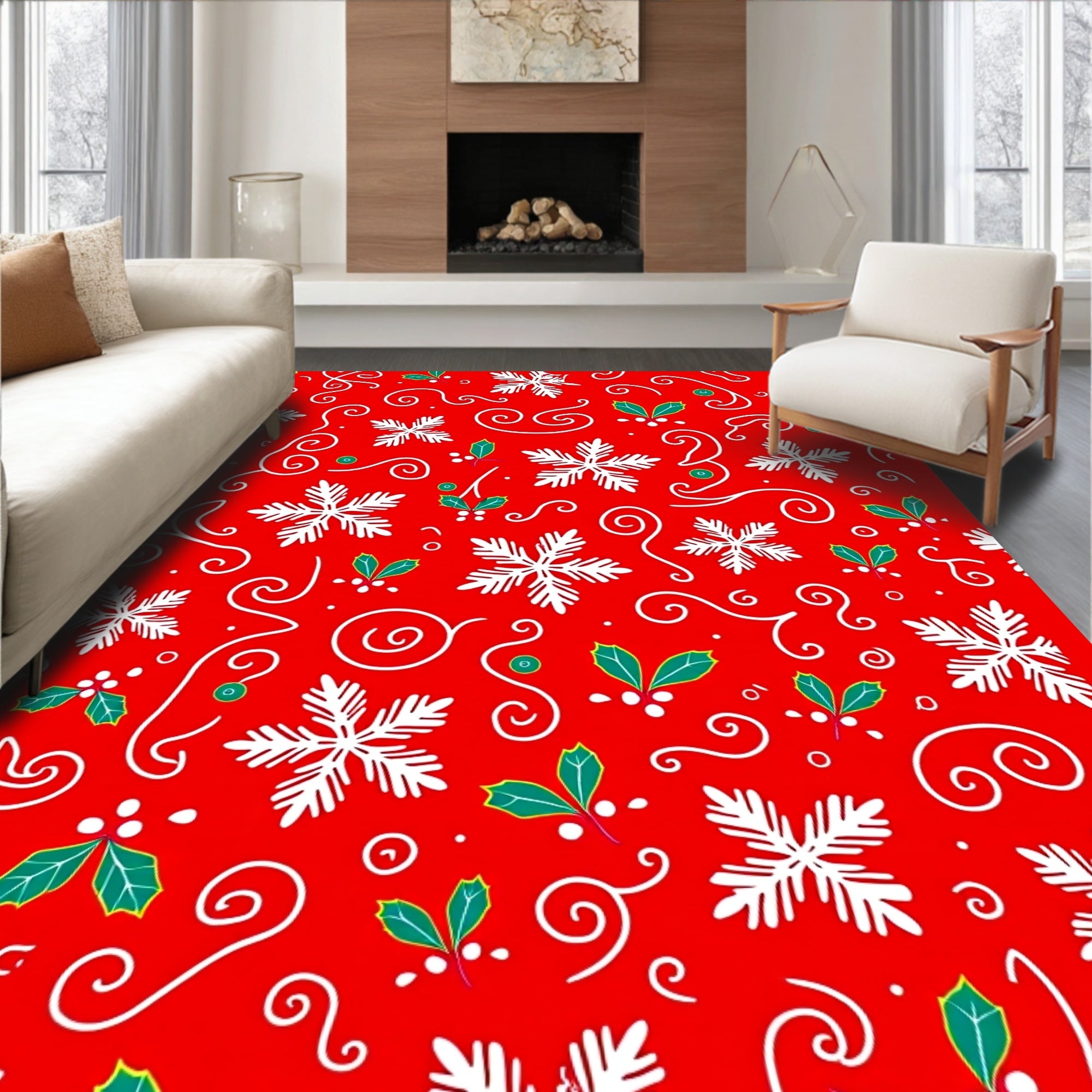 Festive Red Snowflake Holly Swirls Rug