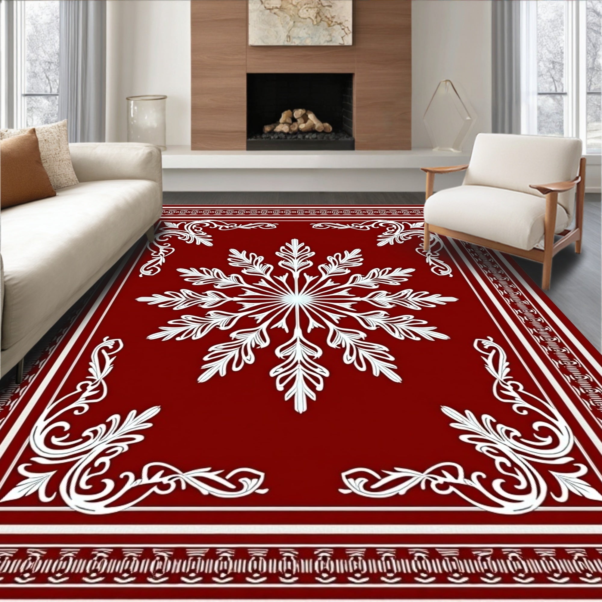 Rich Crimson White Floral Star Mandala Rug