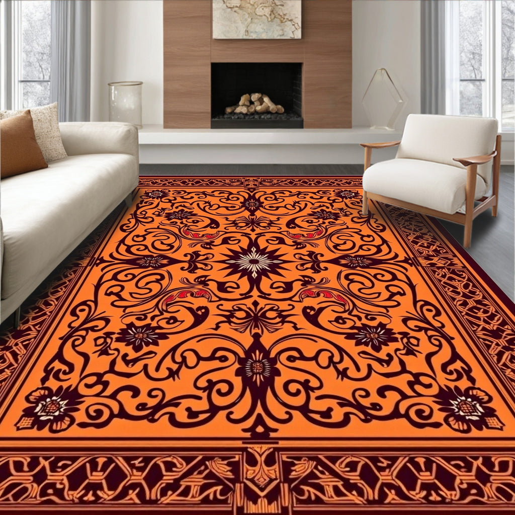Rich Orange Floral Scrollwork Medallion Rug