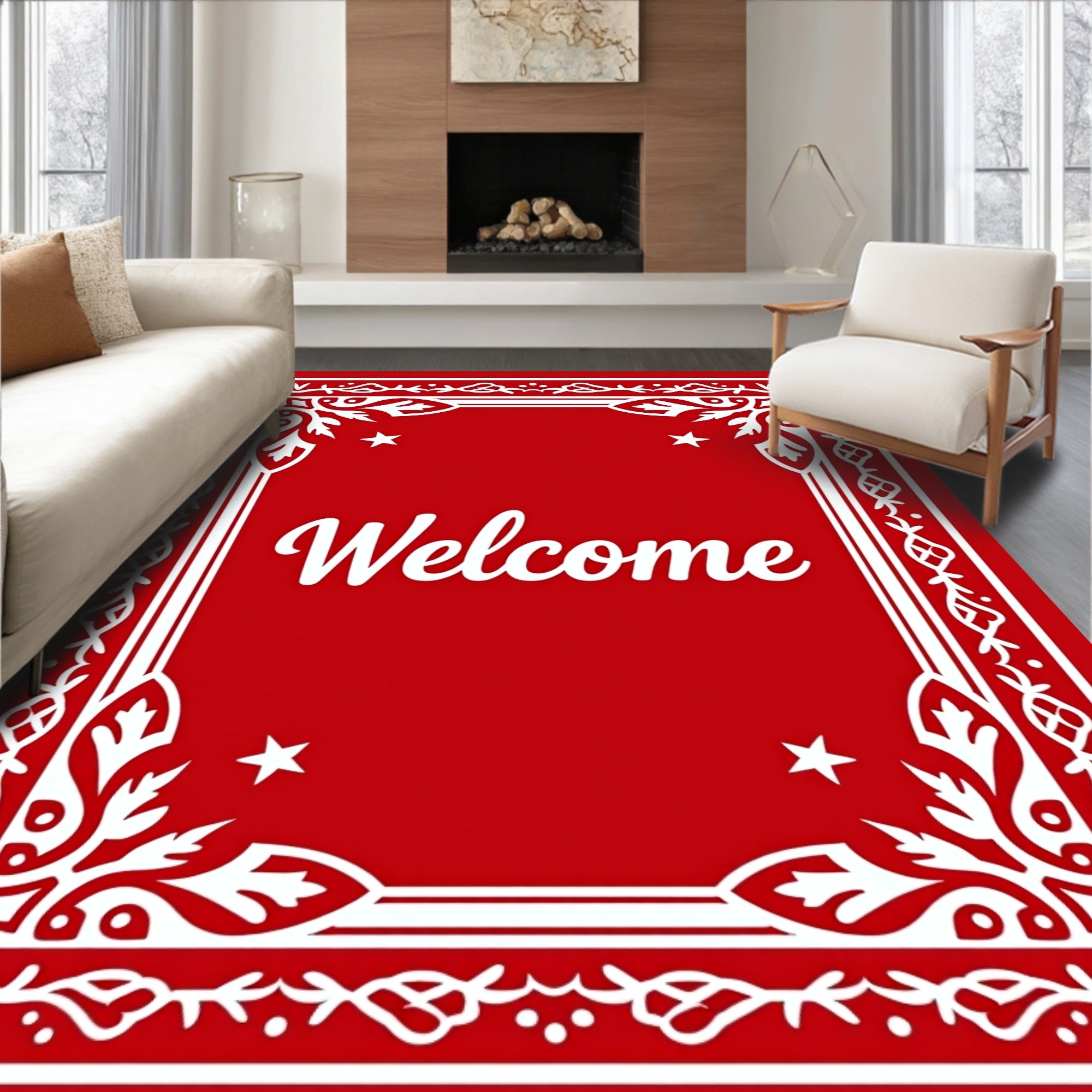 Red White Floral Medallion Welcome Rug