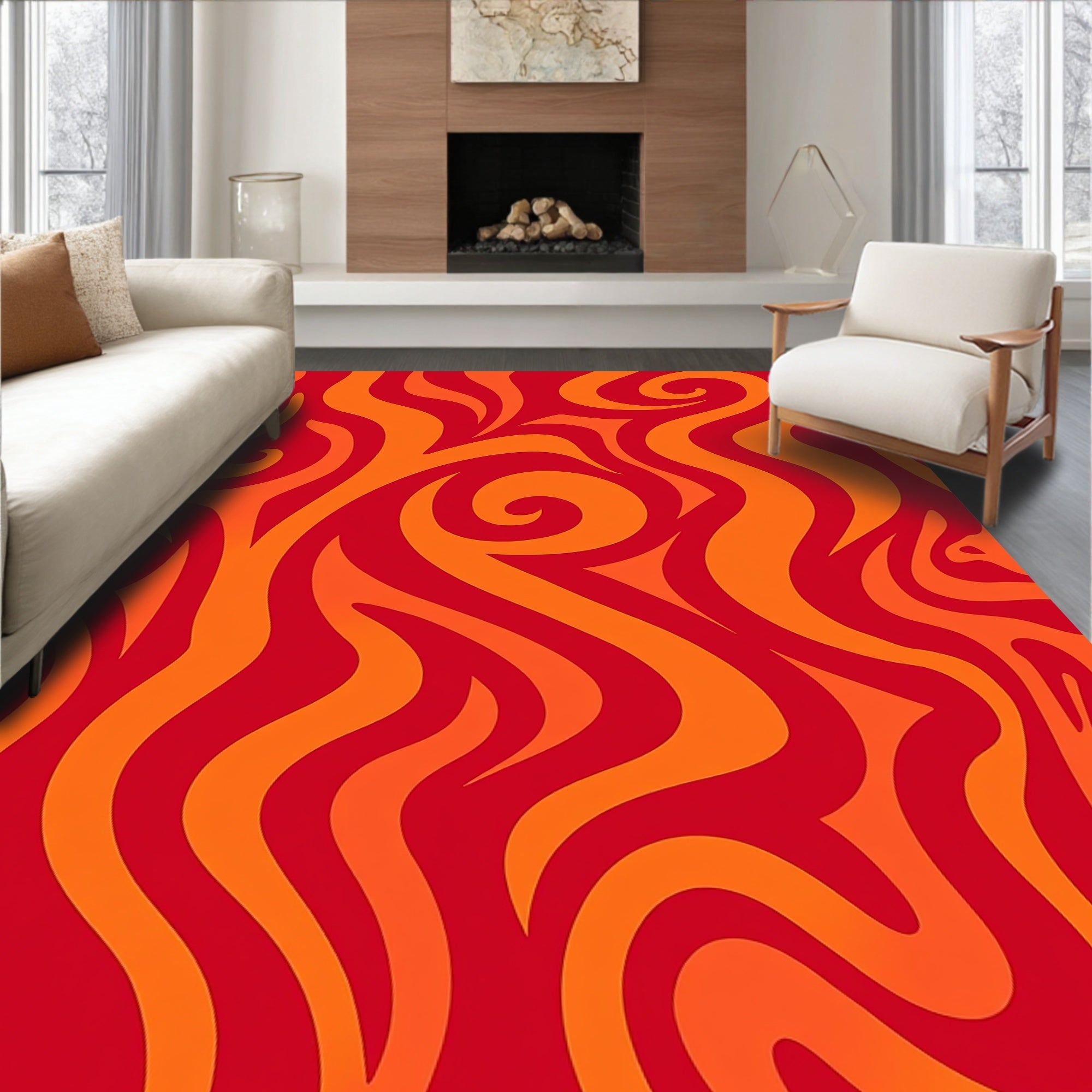 Red Orange Swirl Fire Abstract Rug