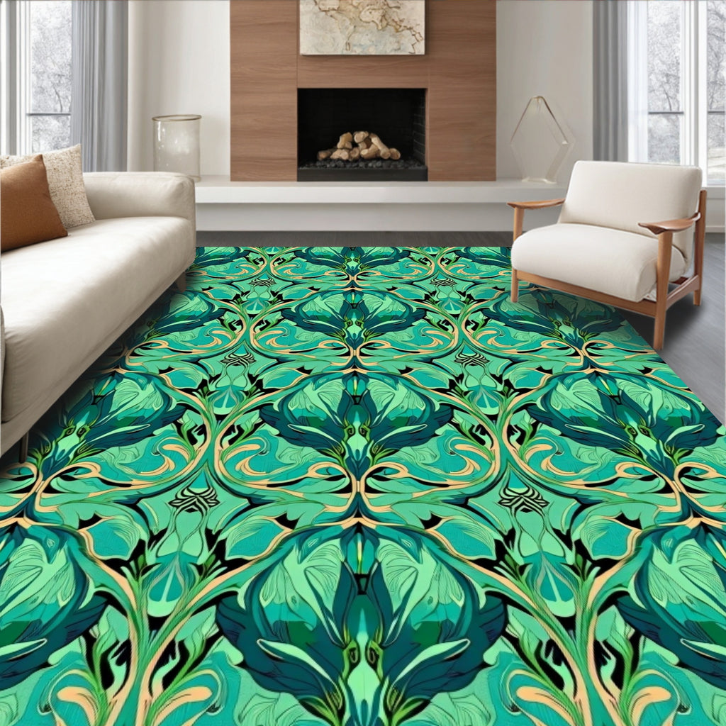 Art Nouveau Emerald Green Floral Tapestry Rug