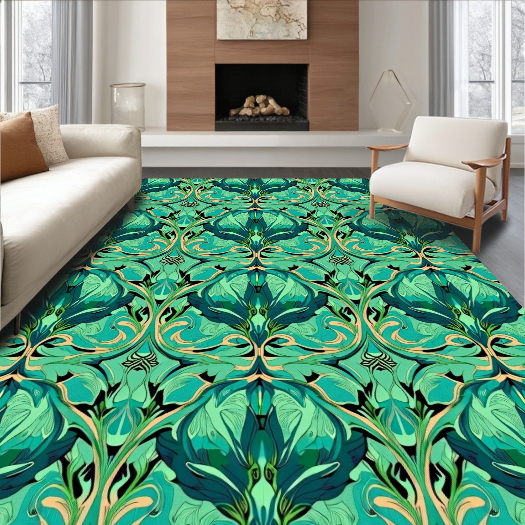 Art Nouveau Emerald Green Floral Tapestry Rug