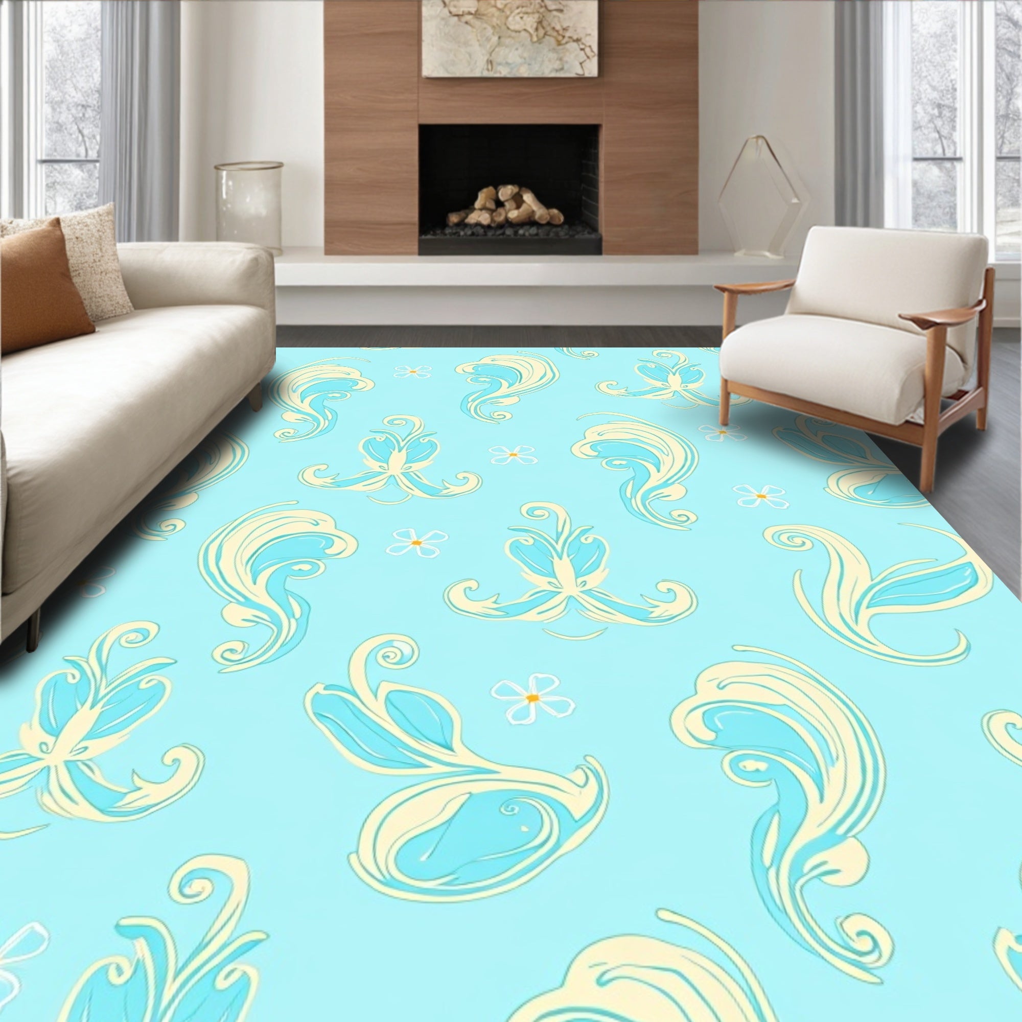 Soft Blue Cream Swirl Floral Repeating Rug
