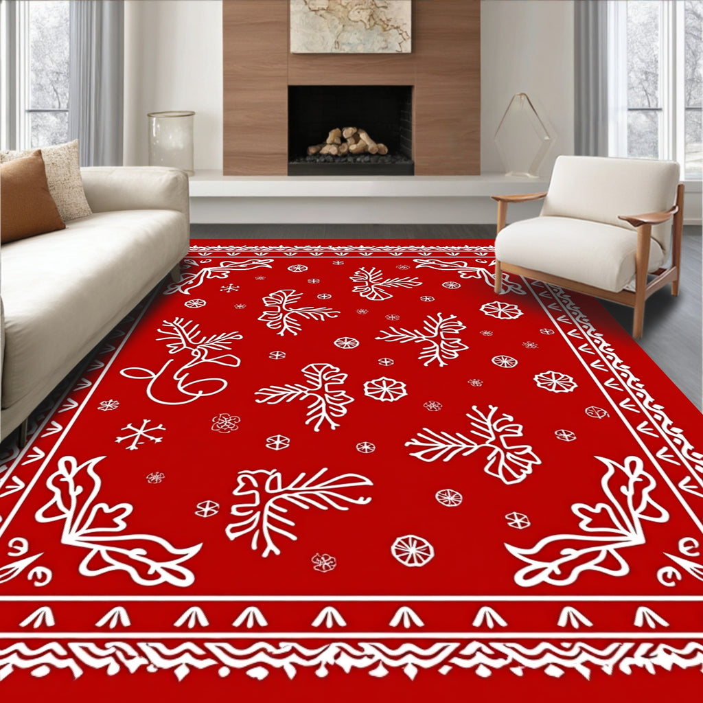 Red White Snowflake Folk Art Rug
