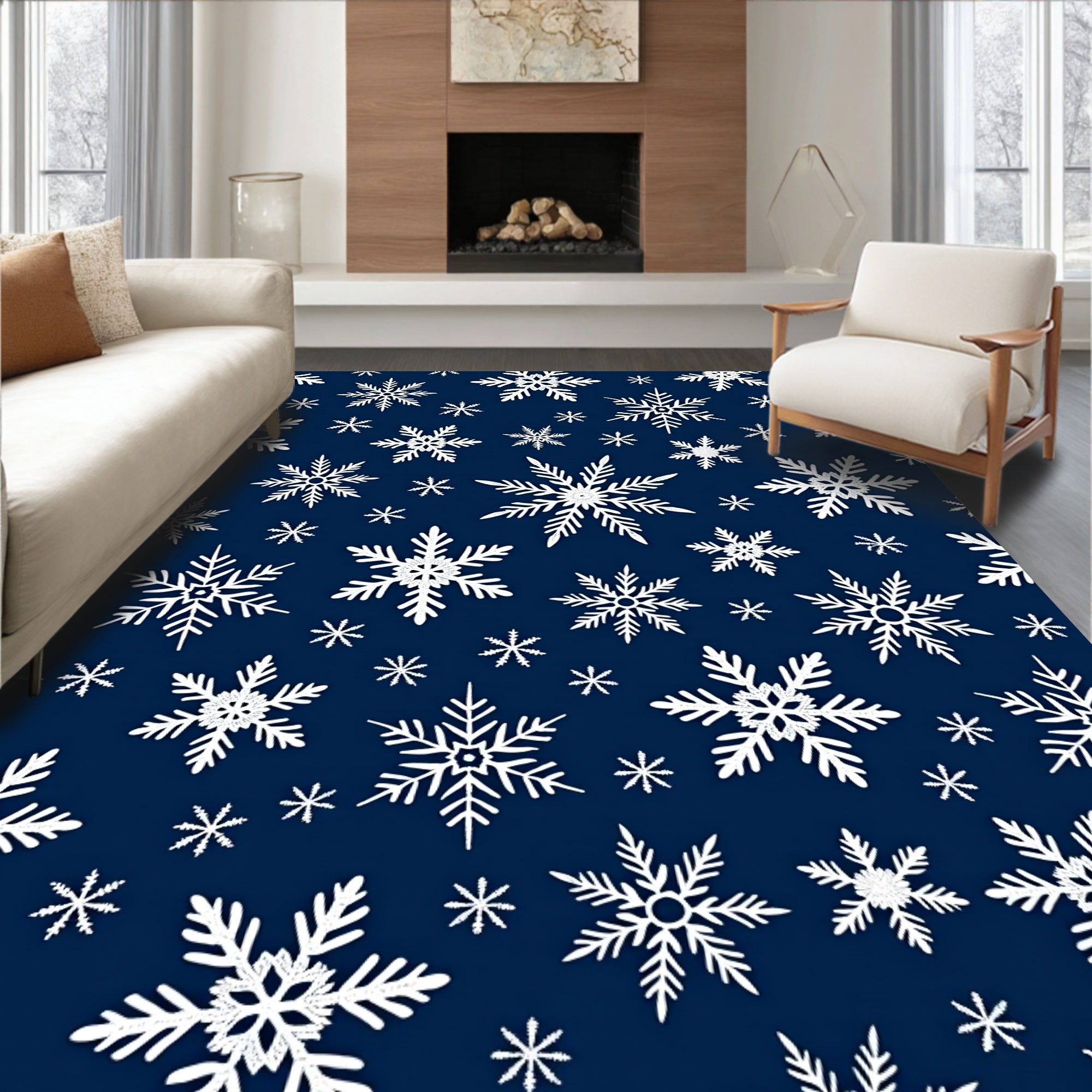White Snowflakes On Navy Background Rug
