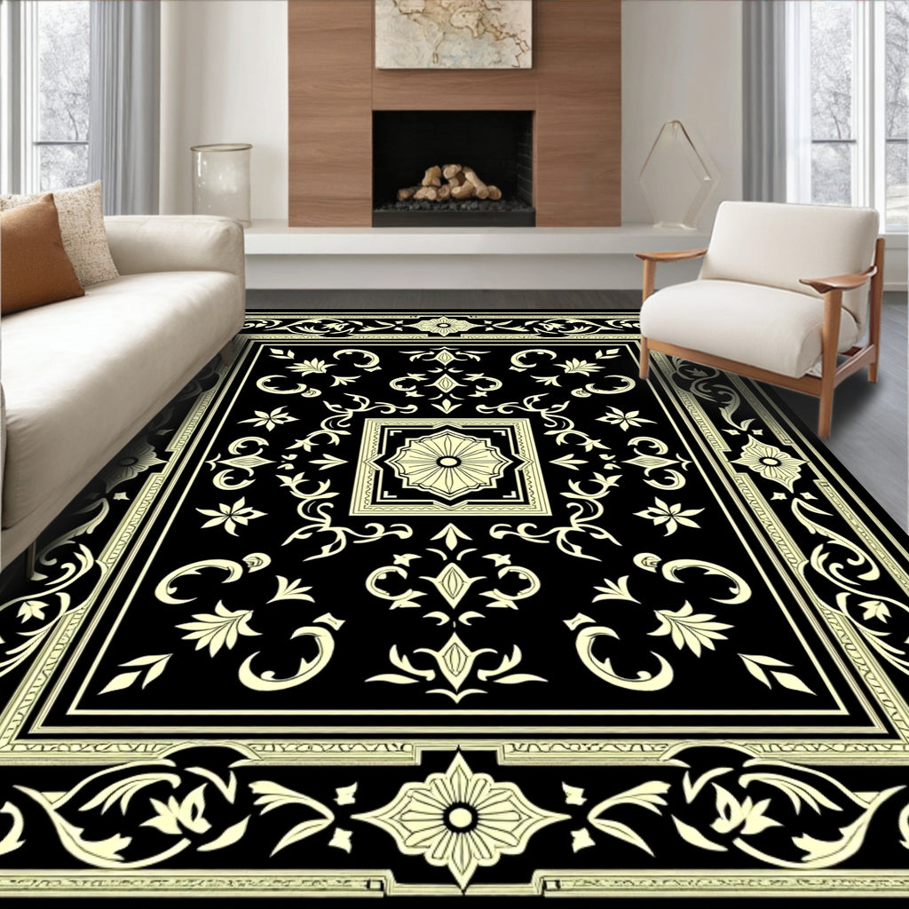 Ivory Floral Border Black Rug