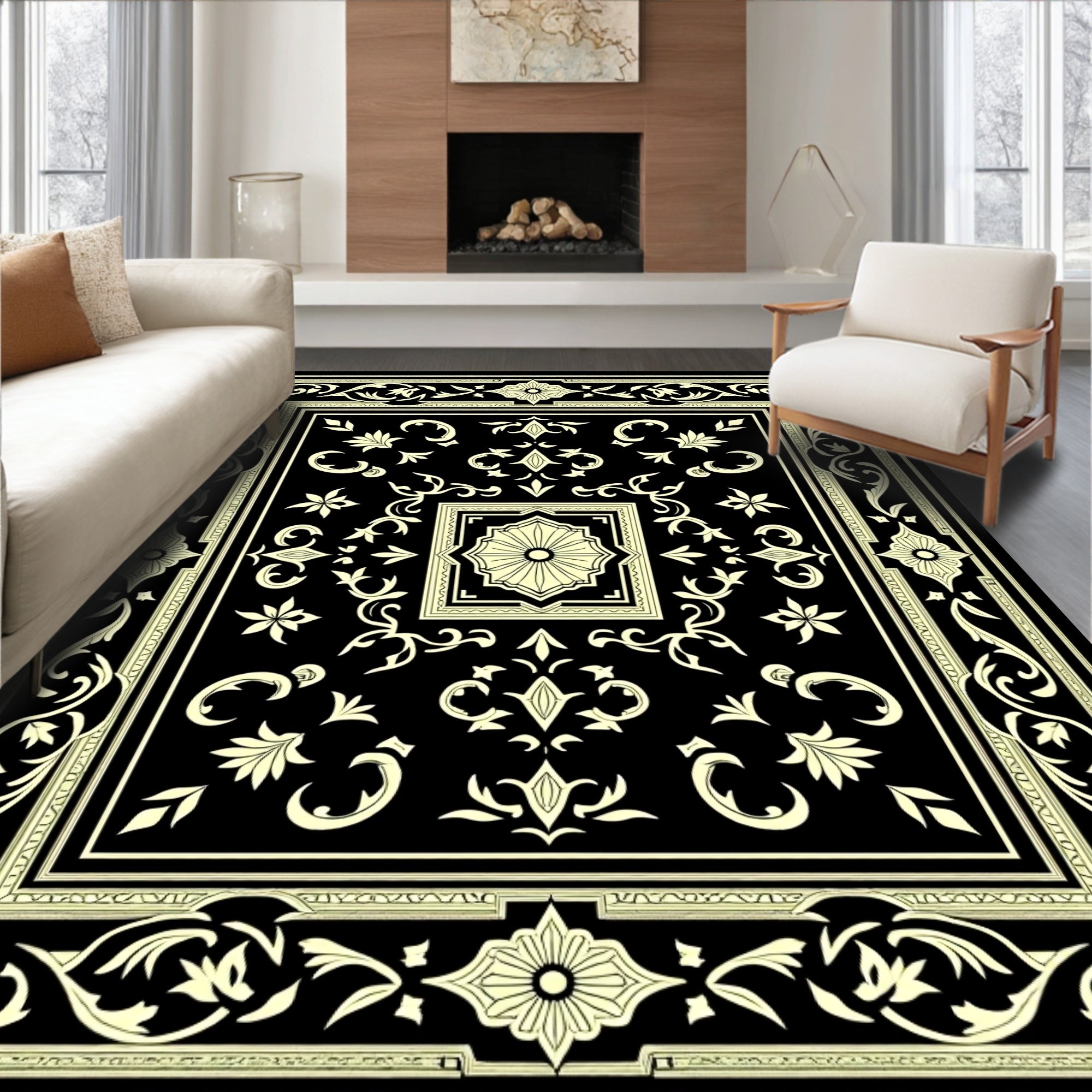 Ivory Floral Border Black Rug