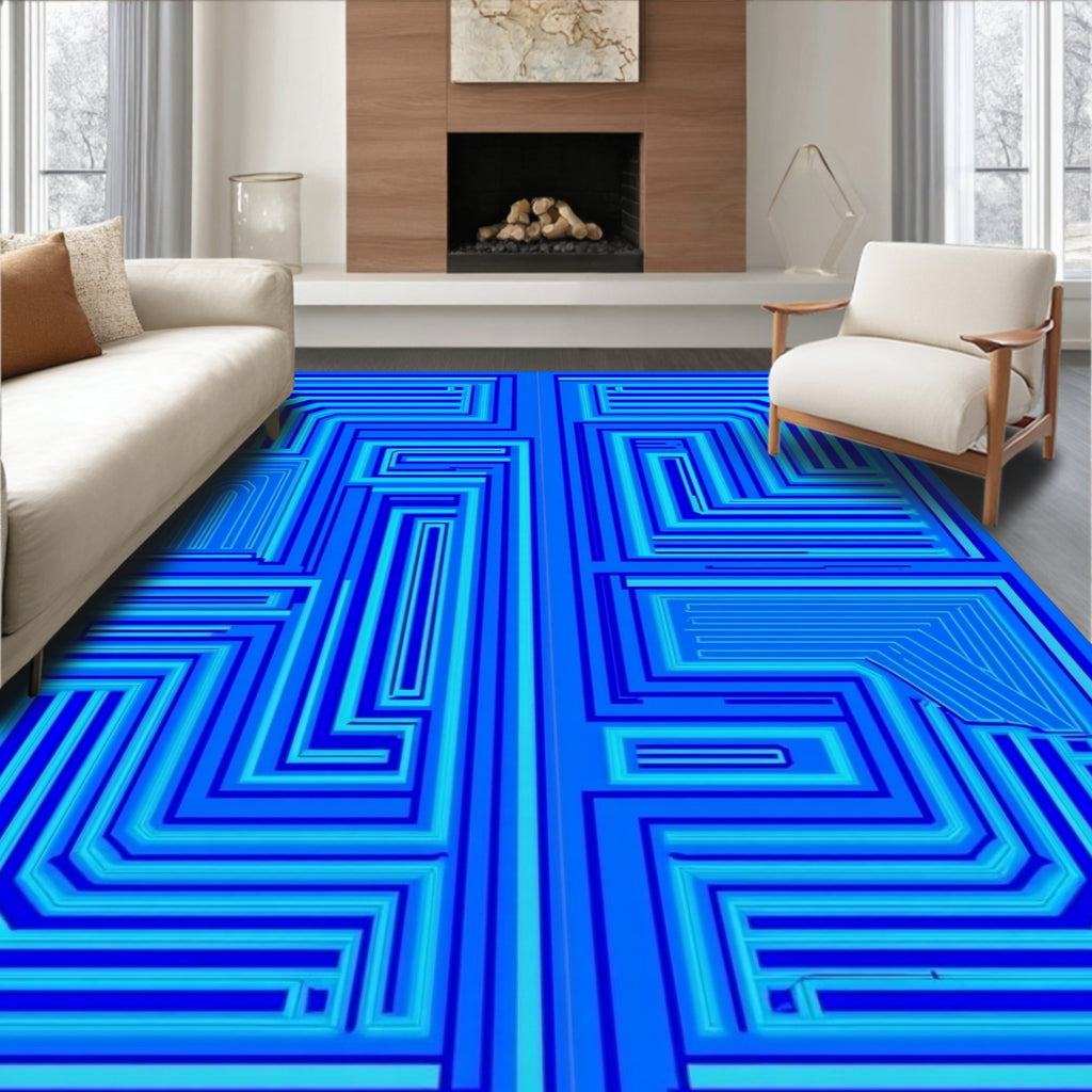Deep Blue Geometric Maze Rug