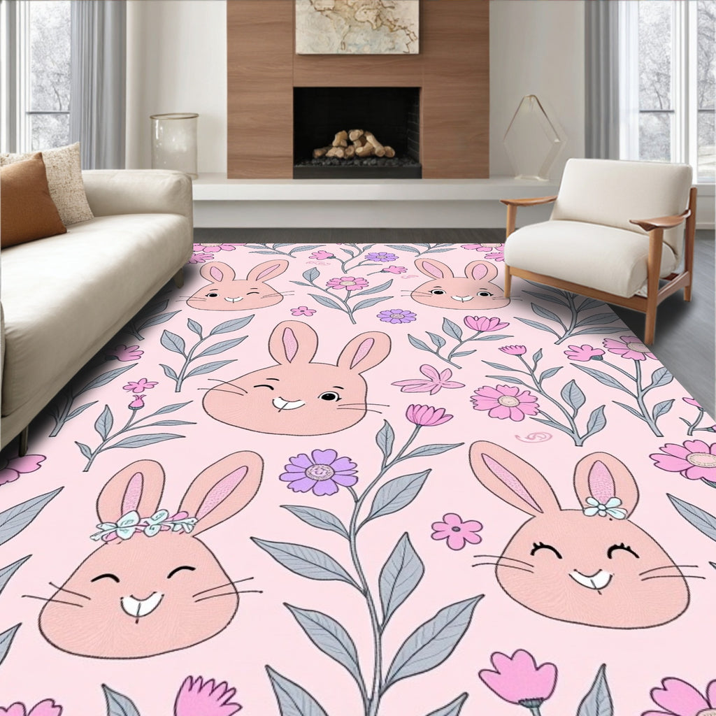 Pink Bunny Flower Garden Whimsy Rug