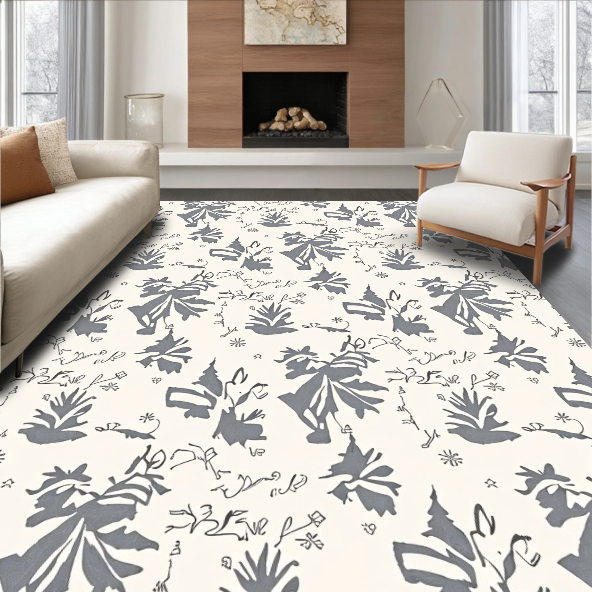 Charcoal Floral Sketch Garden Rug