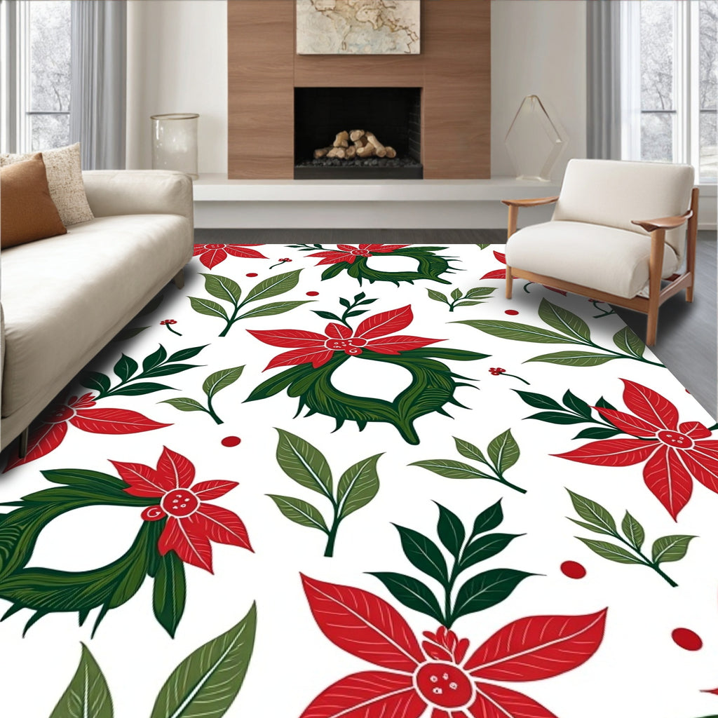 Red Green Poinsettia Leaf Wreath Rug