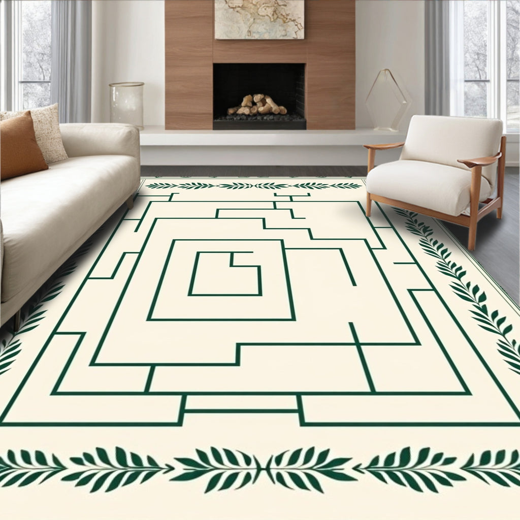 Cream and Emerald Maze Botanical Border Rug