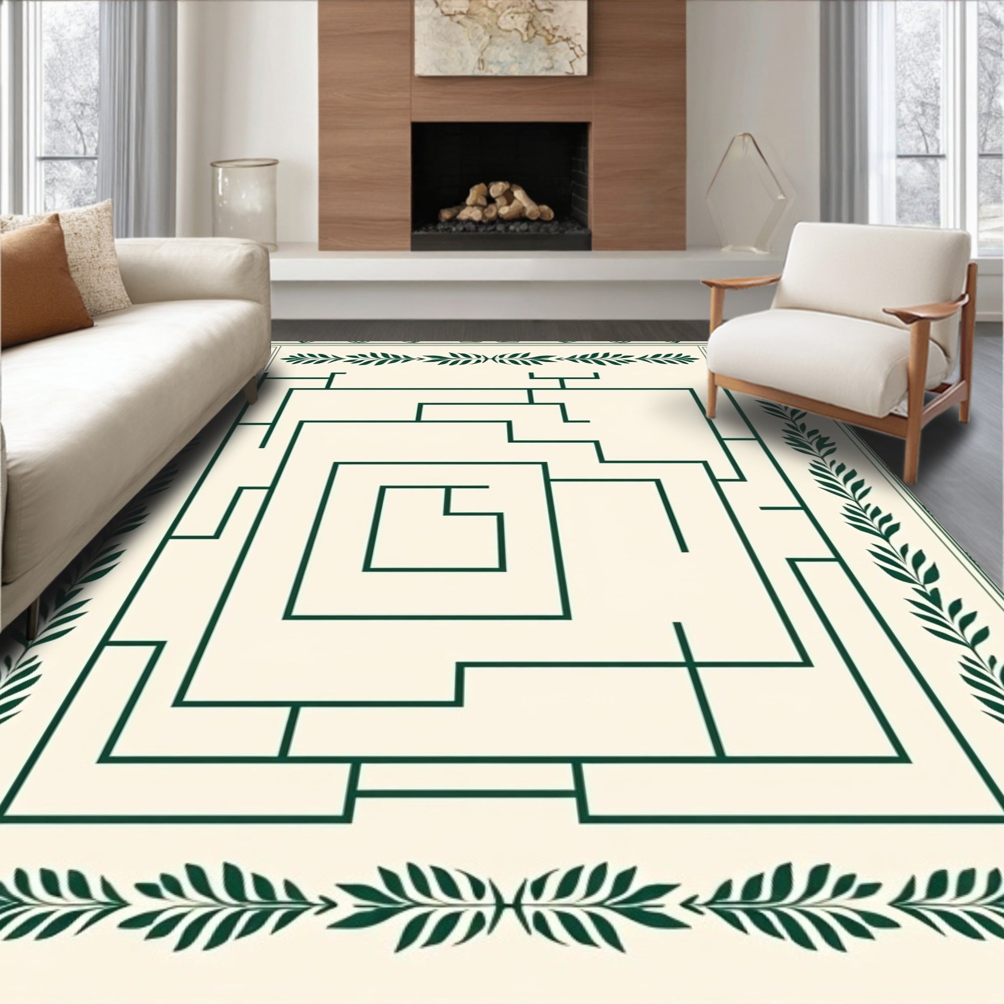 Cream and Emerald Maze Botanical Border Rug