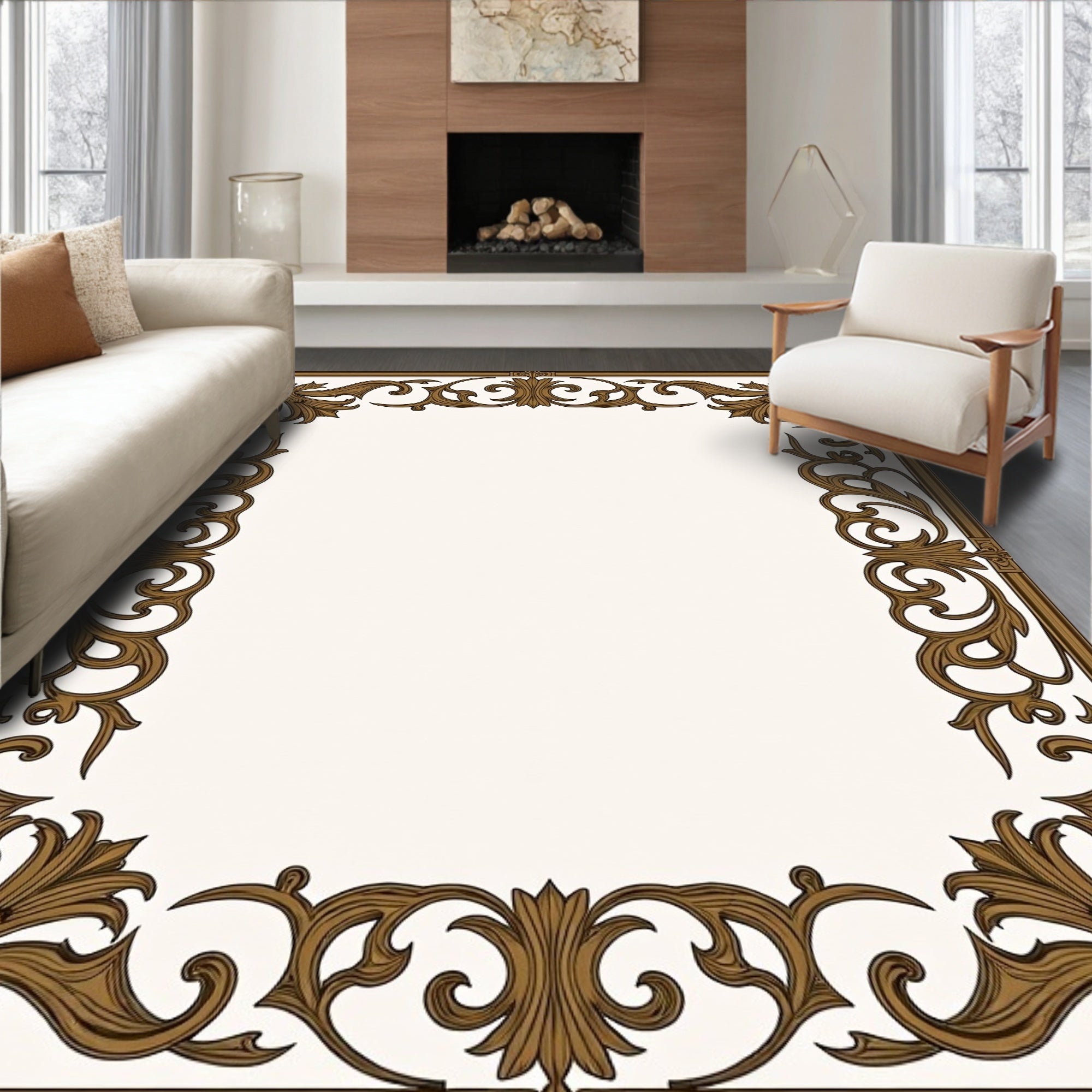 Antique Gold Baroque Scroll Border Rug