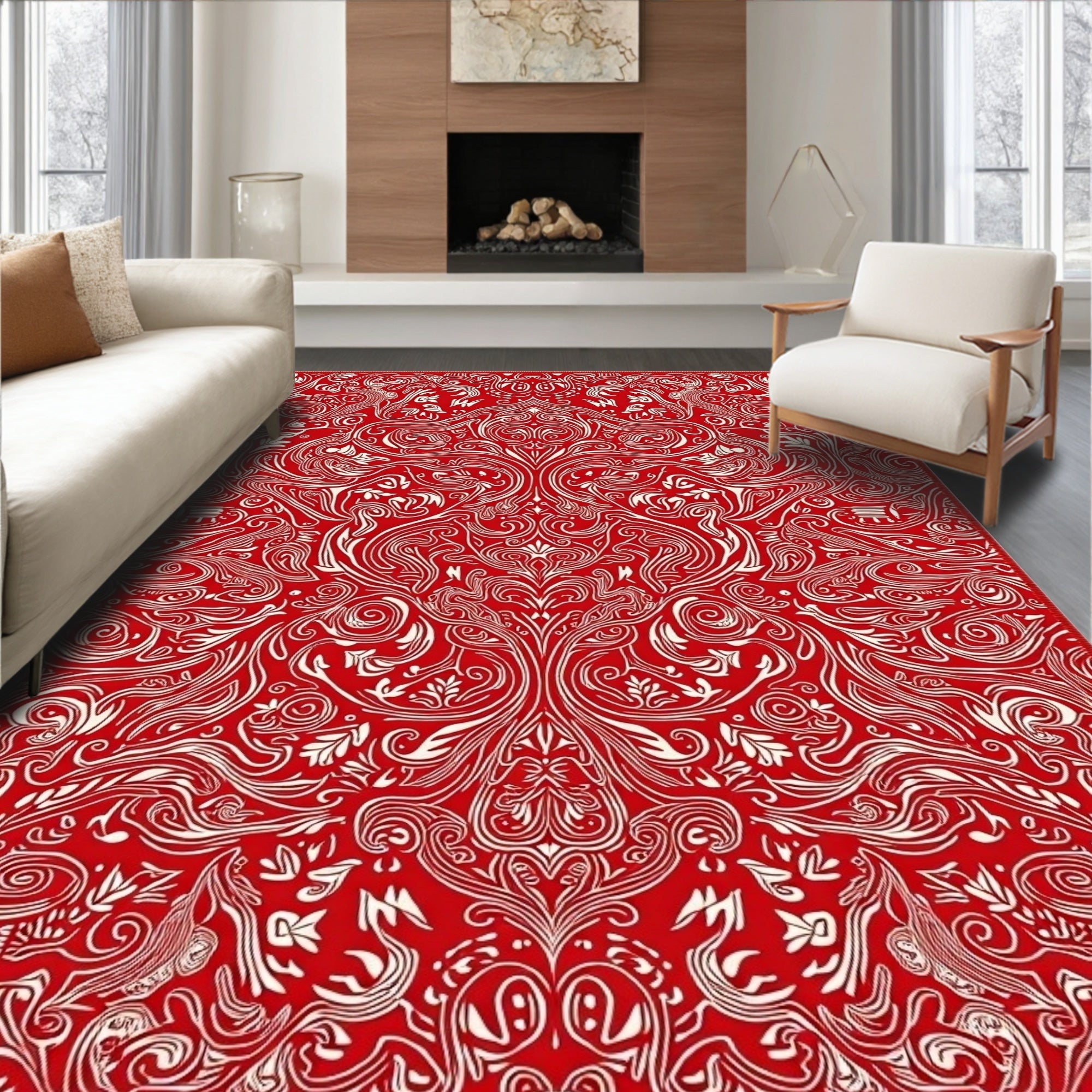 Crimson White Ornate Scrollwork Rug