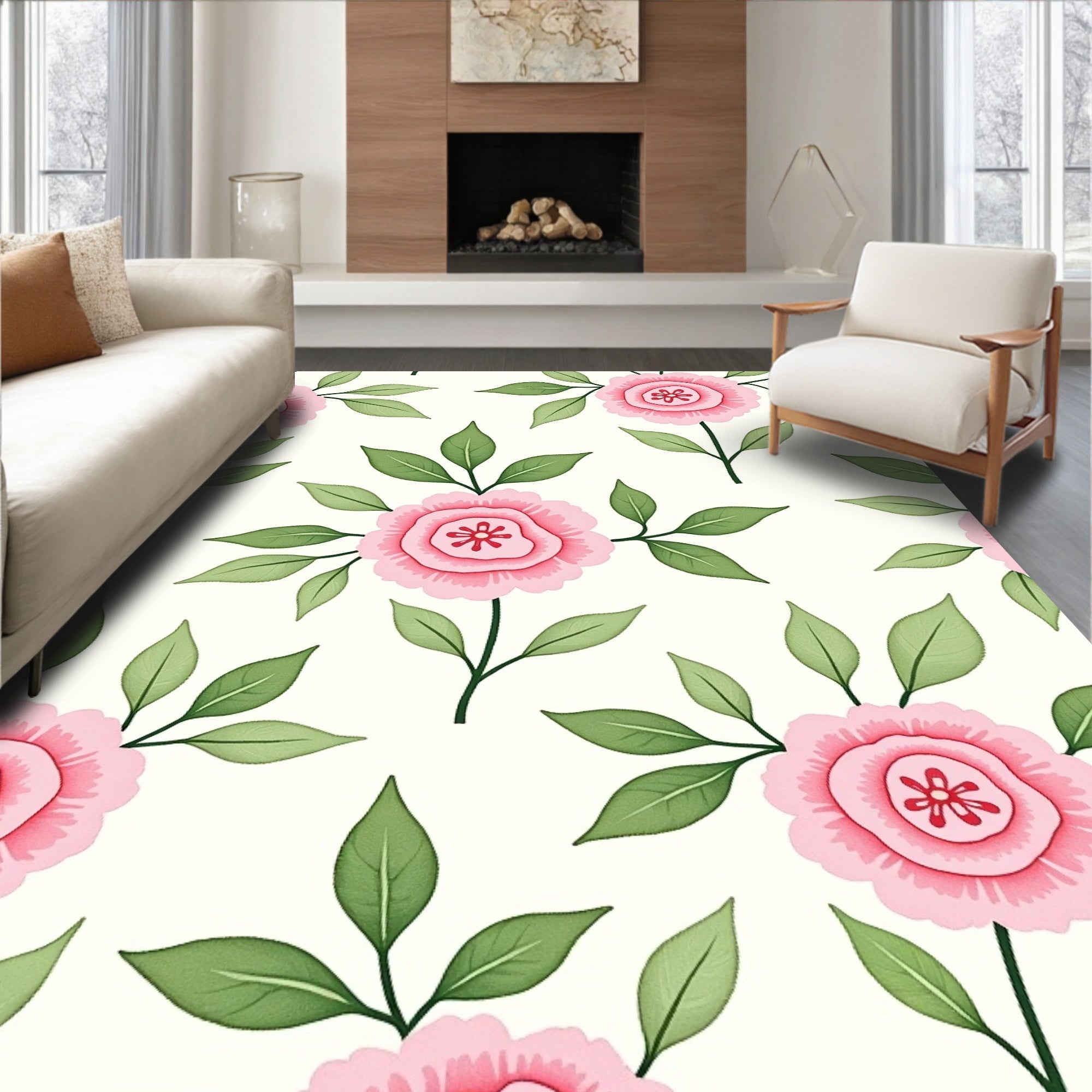 Pink Flower Garden With Green Leaves Rug