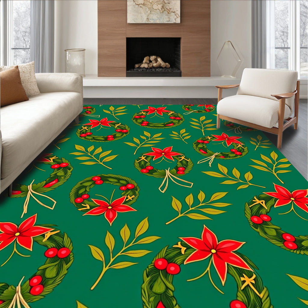 Festive Green Wreath Poinsettia Foliage Rug