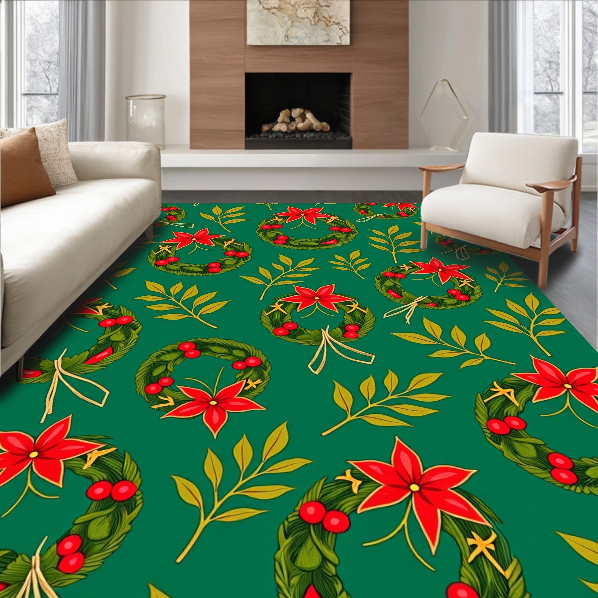 Festive Green Wreath Poinsettia Foliage Rug