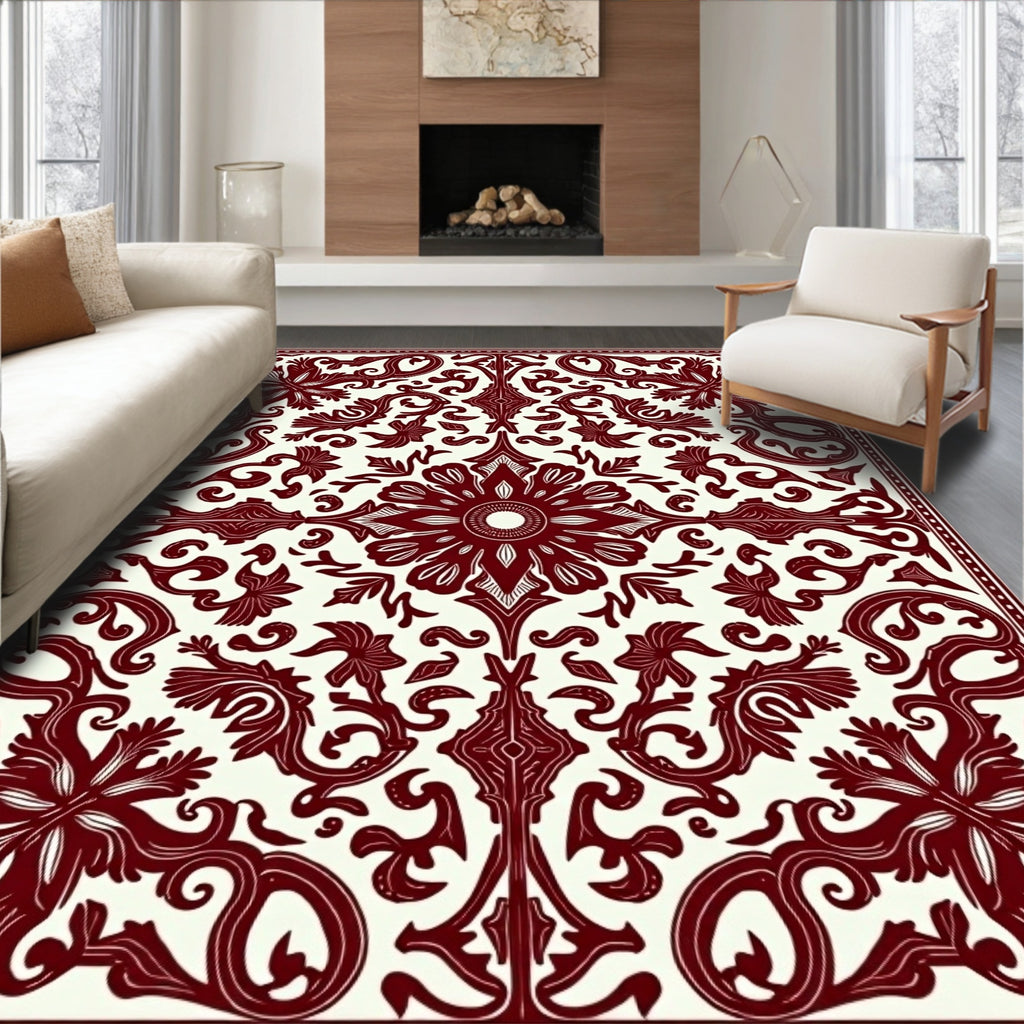 Deep Red Floral Symmetry Medallion Rug