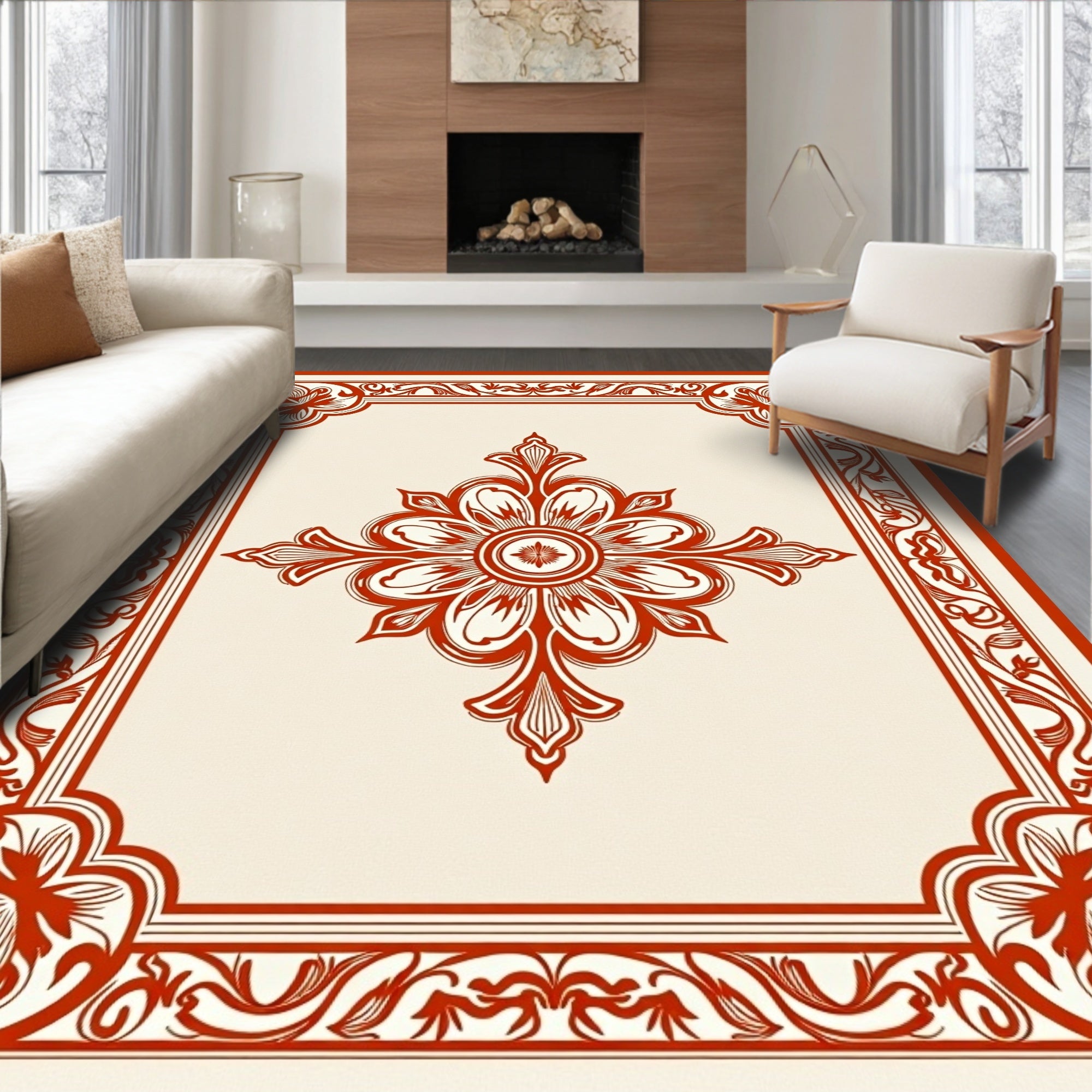 Classic Red Floral Medallion Border Rug