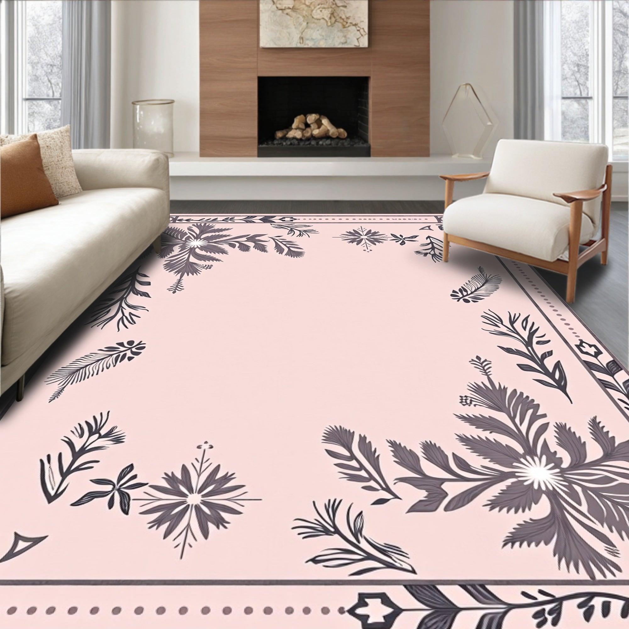 Pale Pink Gray Floral Border Medallion Rug