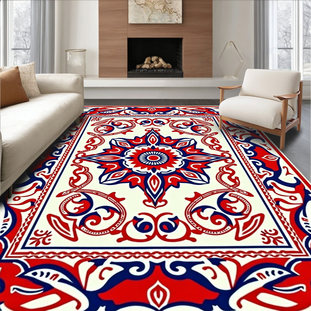 Crimson Navy White Medallion Mandala Rug