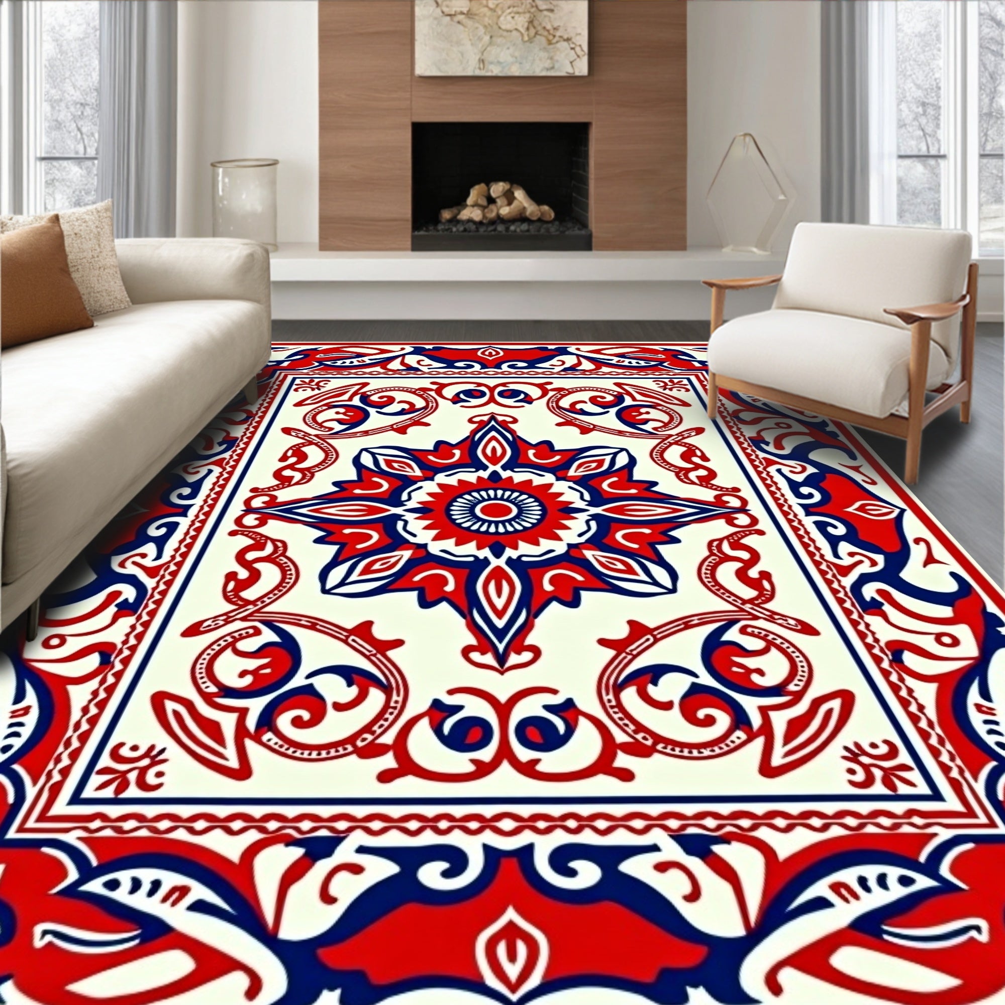 Crimson Navy White Medallion Mandala Rug
