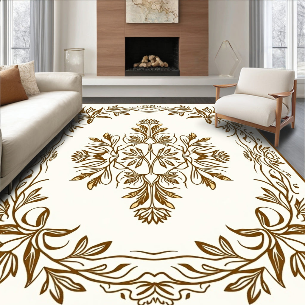 Ornate Brown Floral Botanical Framing Rug