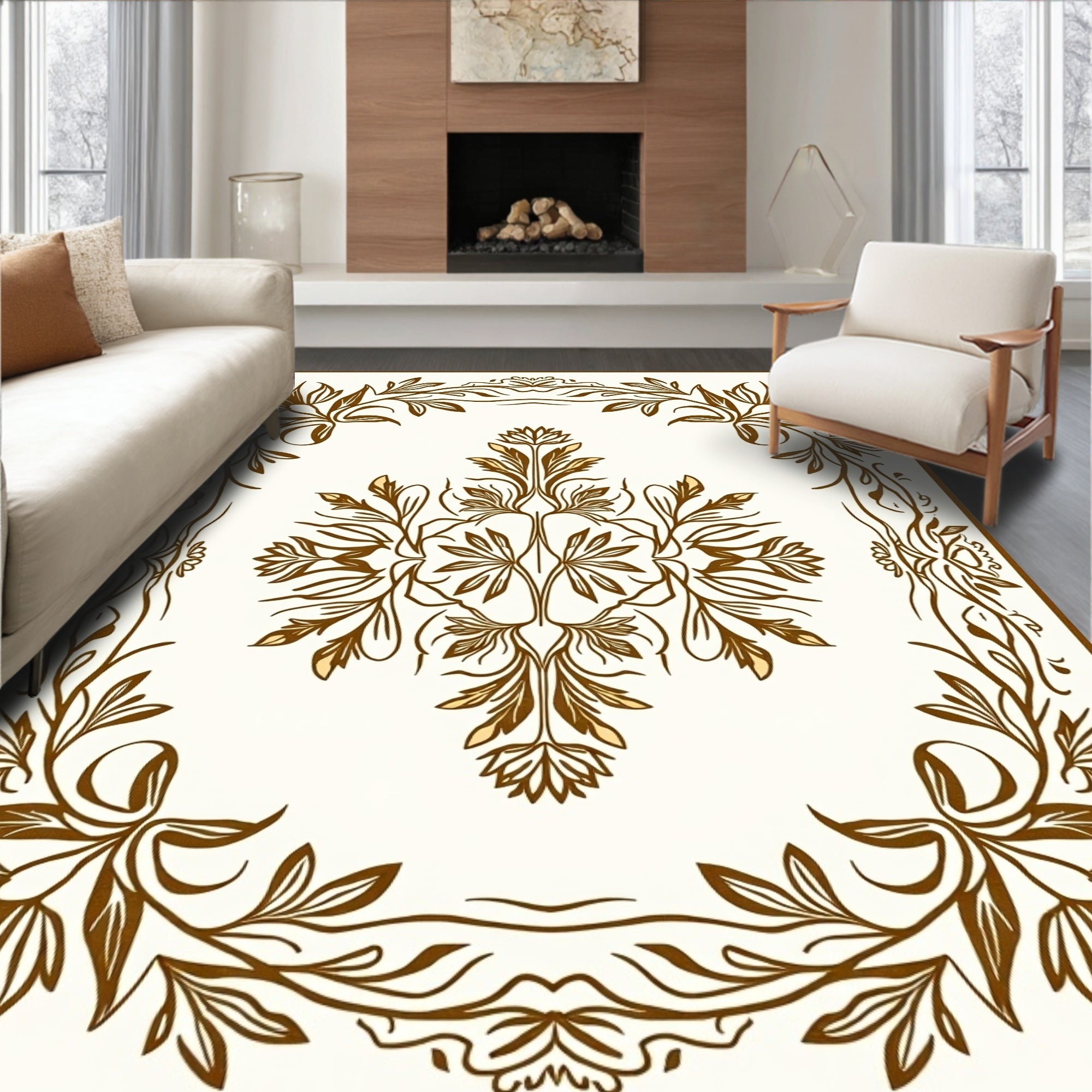 Ornate Brown Floral Botanical Framing Rug