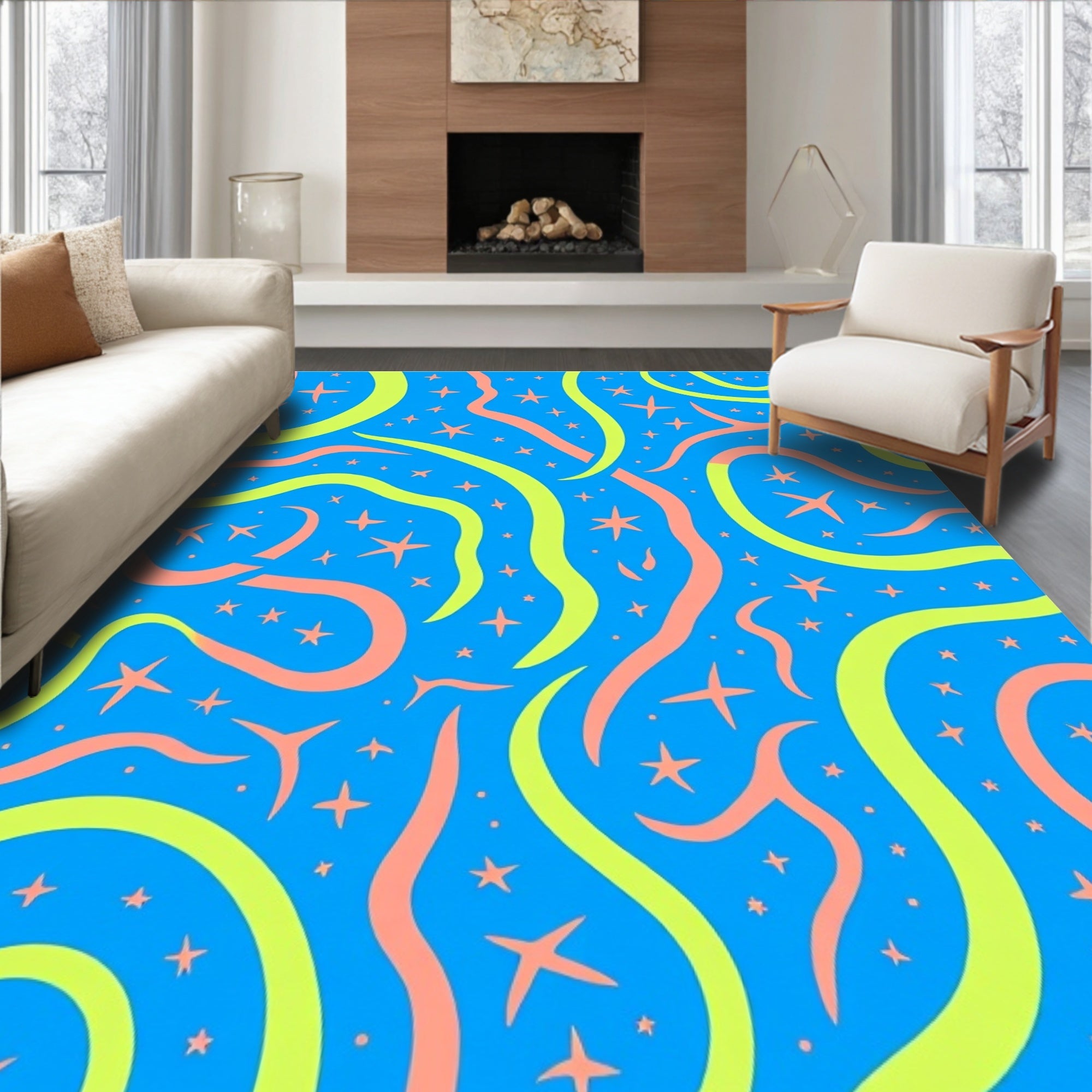 Bright Blue Starry Swirls Rug