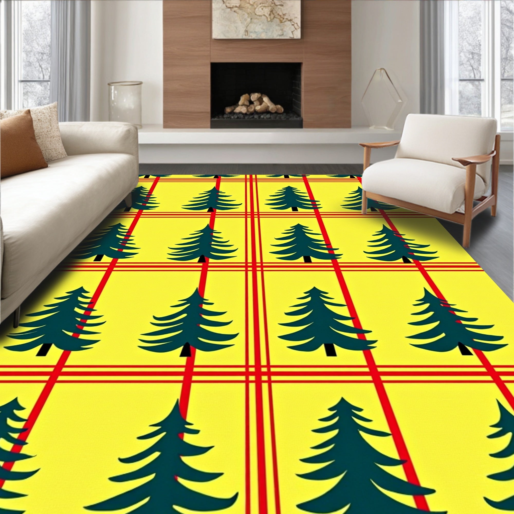 Forest Green Christmas Trees Red Plaid Rug