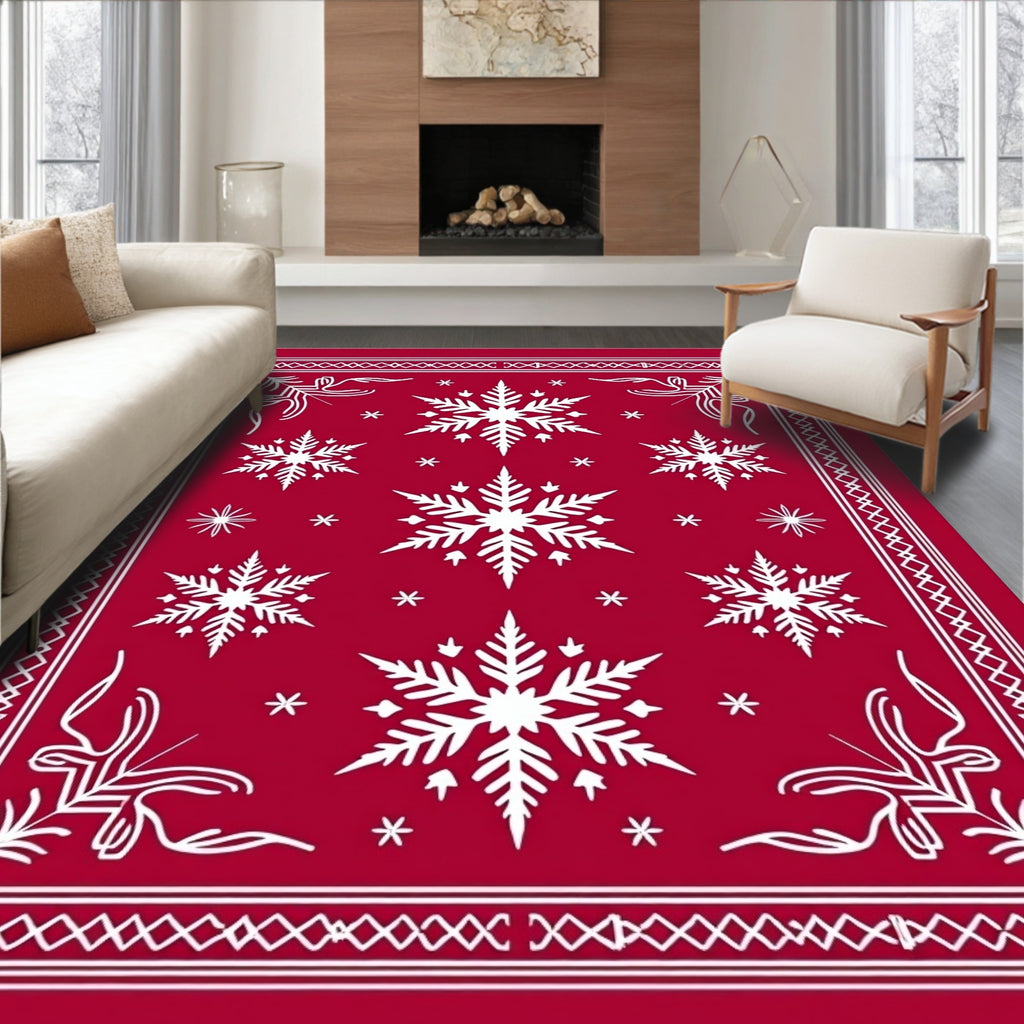 Crimson White Snowflake Winter Festival Rug