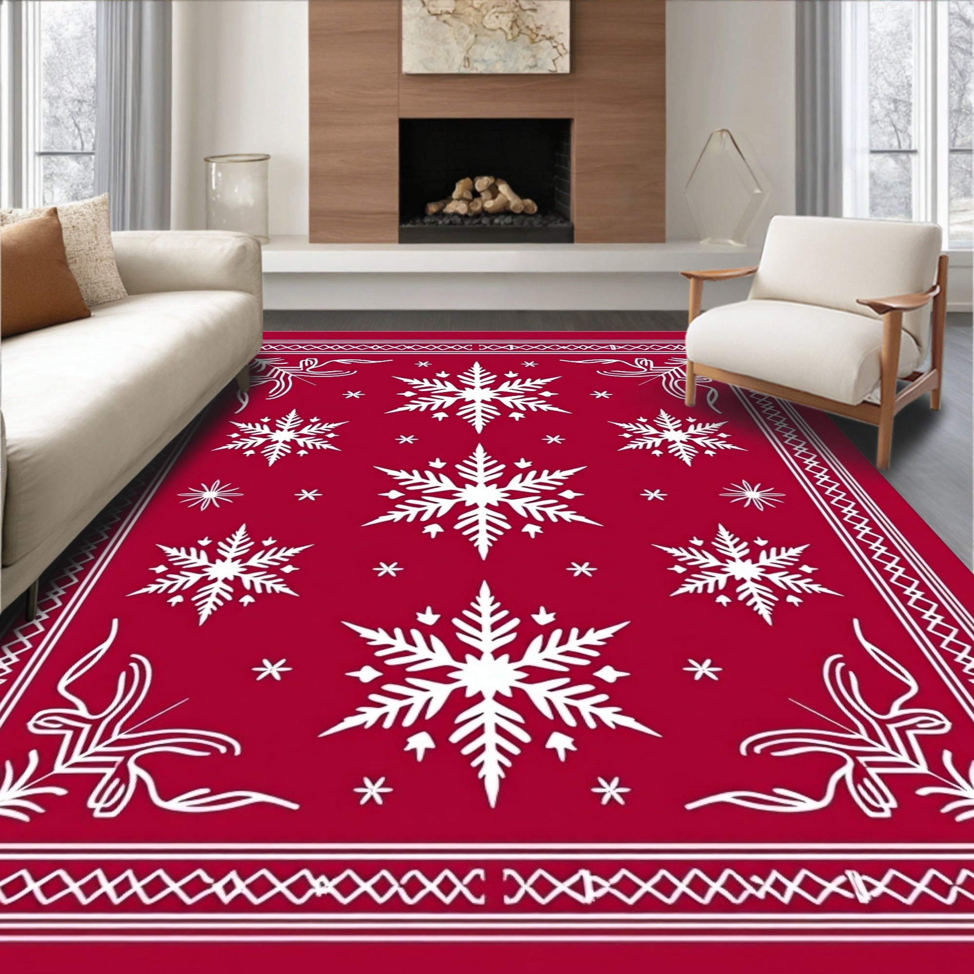 Crimson White Snowflake Winter Festival Rug