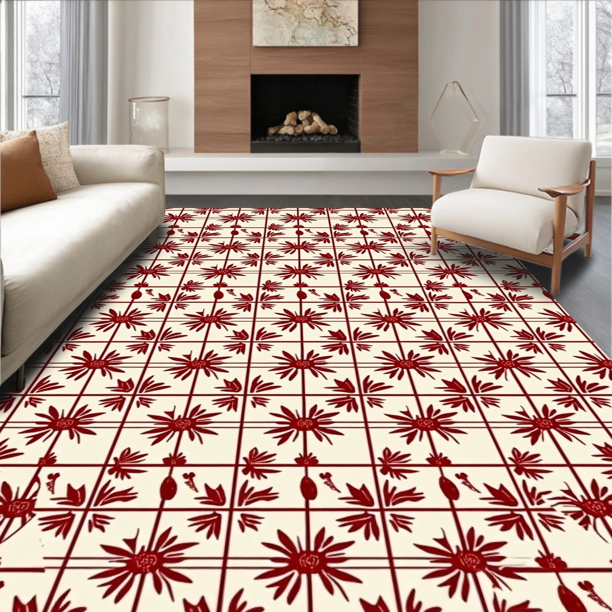Crimson Floral Geometric Arrangement Rug