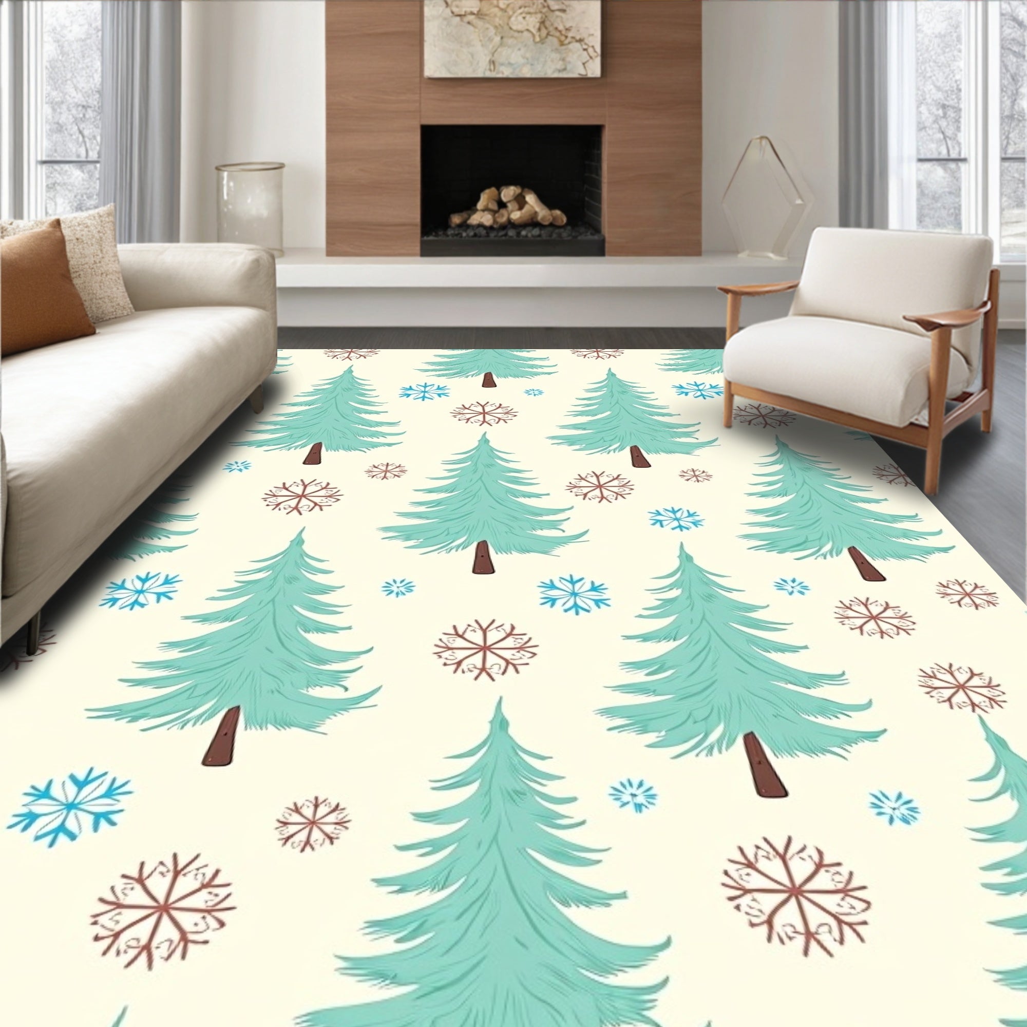 Winter Forest Trees Snowflake Print Rug