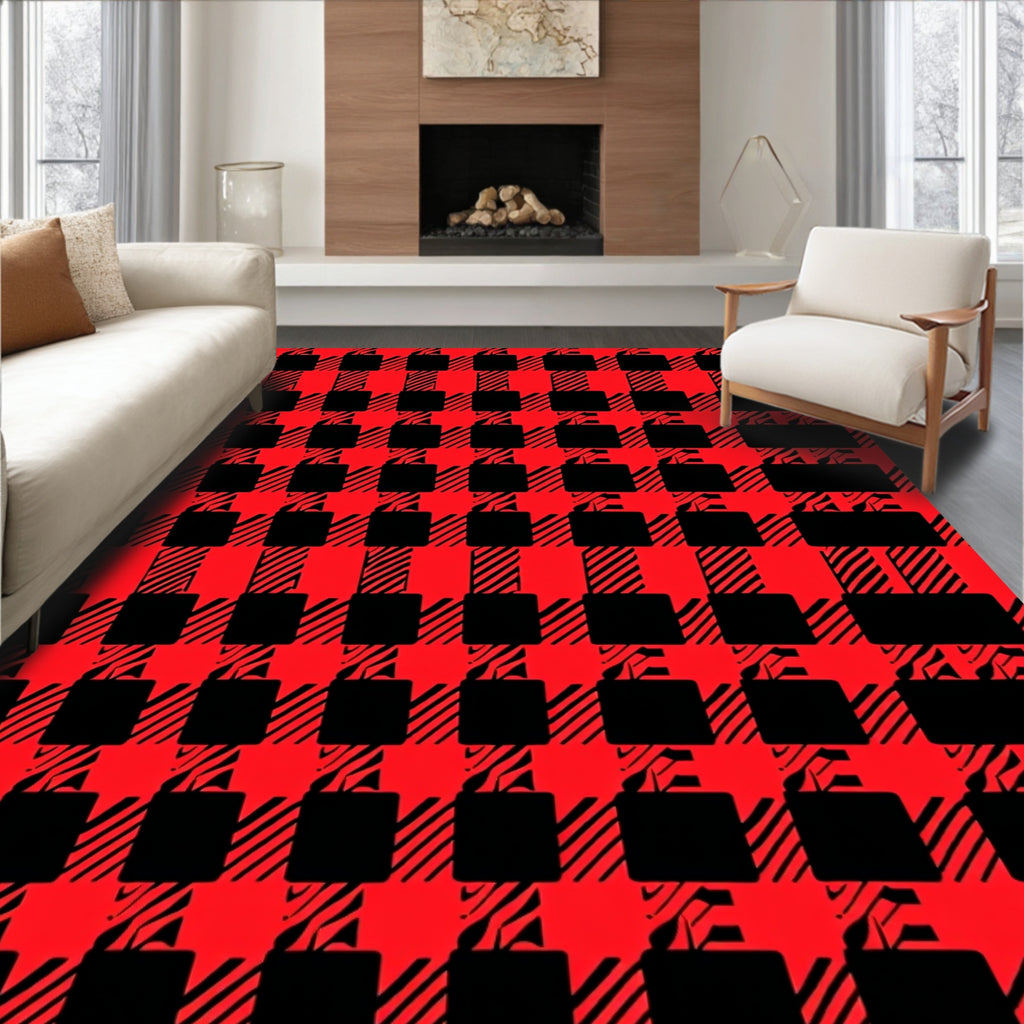 Vibrant Red Black Checkered Grid Rug