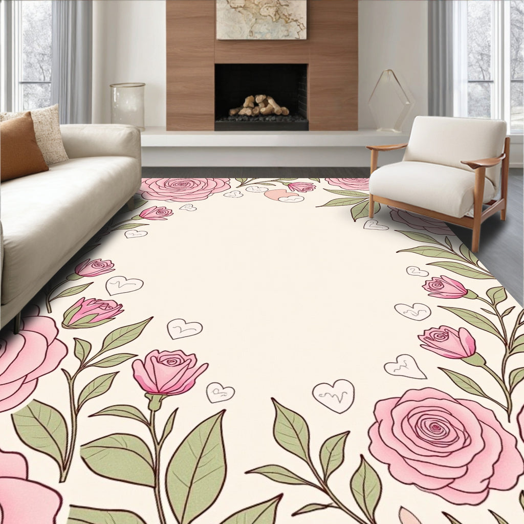Sweet Pink Roses with Hearts Border Rug