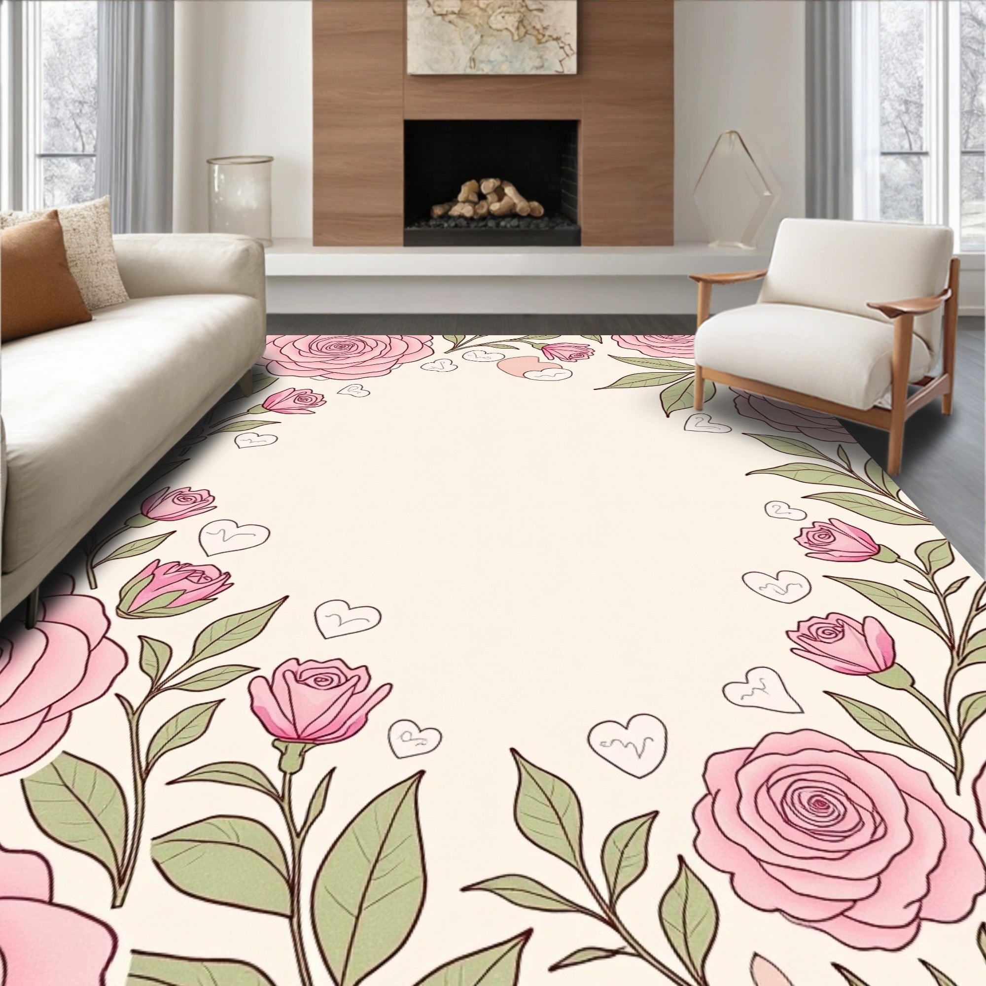 Sweet Pink Roses with Hearts Border Rug