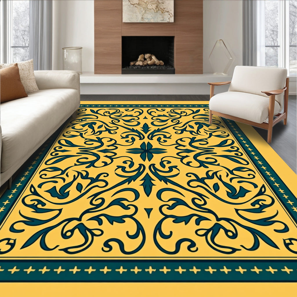 Deep Teal Floral Scrollwork Ornate Rug