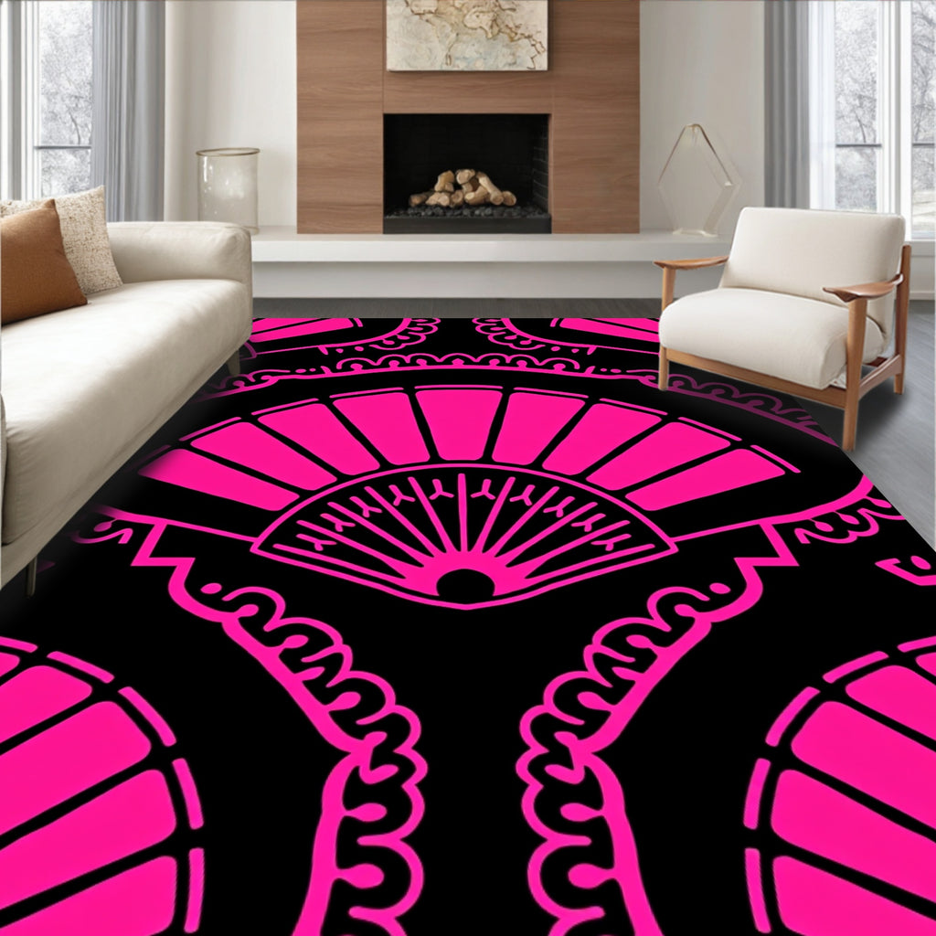 Vibrant Pink Fan Black Textile Rug